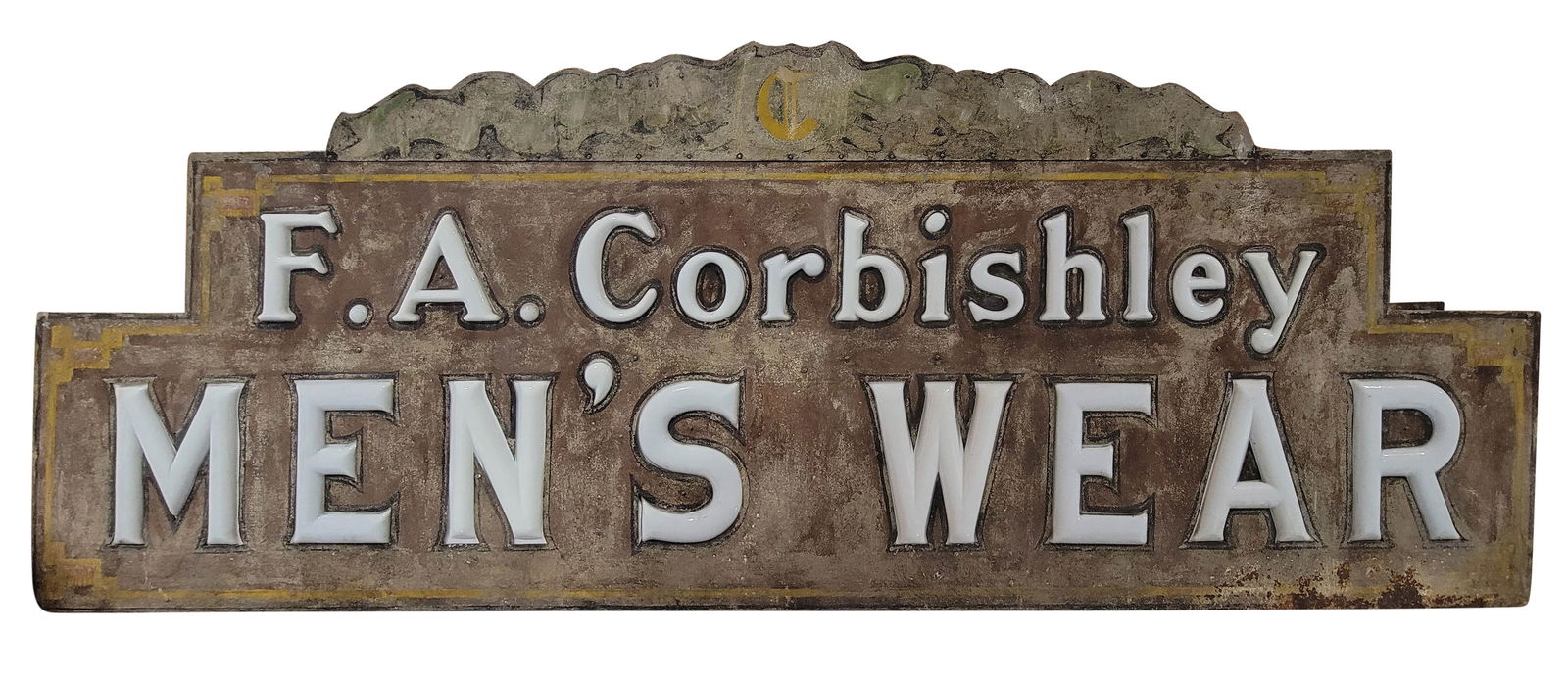 Early F.A. Corbishley Men's Wear 10' DST Milk Glass Sign: 43" x 120" x 10", DST factory internally lighted milk glass sign has good color and shine. The internal lighting works. Side #1 has general age related wear to the painted surface with scratches, pain