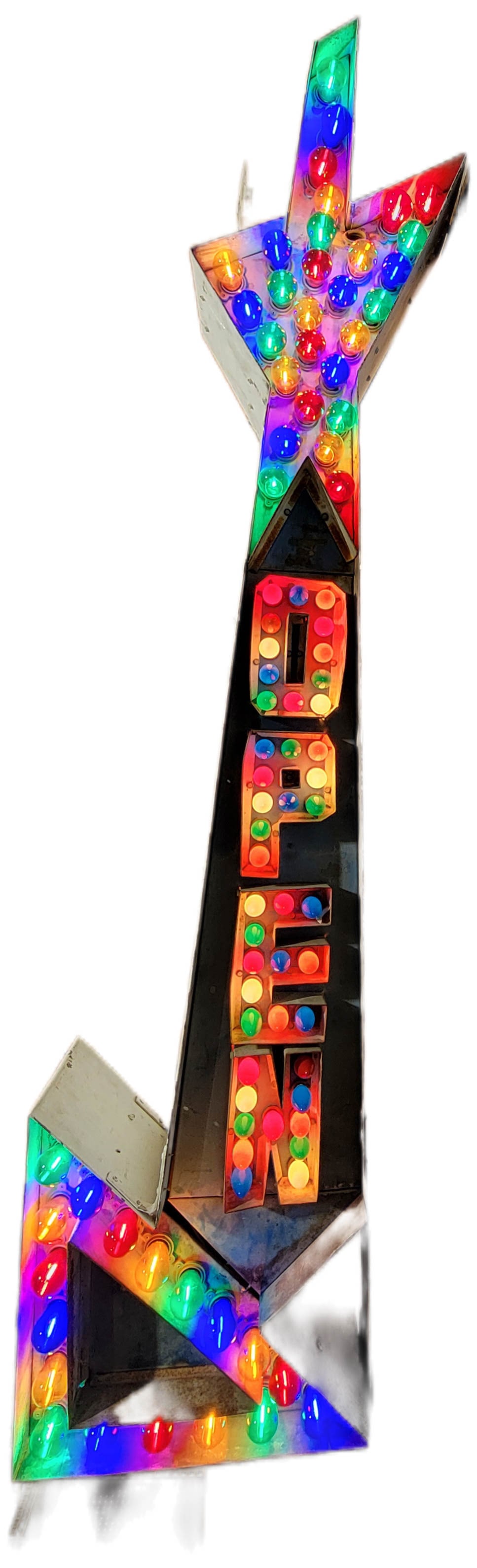 Double Sided OPEN Light Up Directional Arrow Sign: 81" x 10.5" x 18.5" double sided multi-colored sign has a metal housing with multi-colored bulbs on each side. When plugged in, all the bulbs are currently lit. The painted metal has signs of wear wit