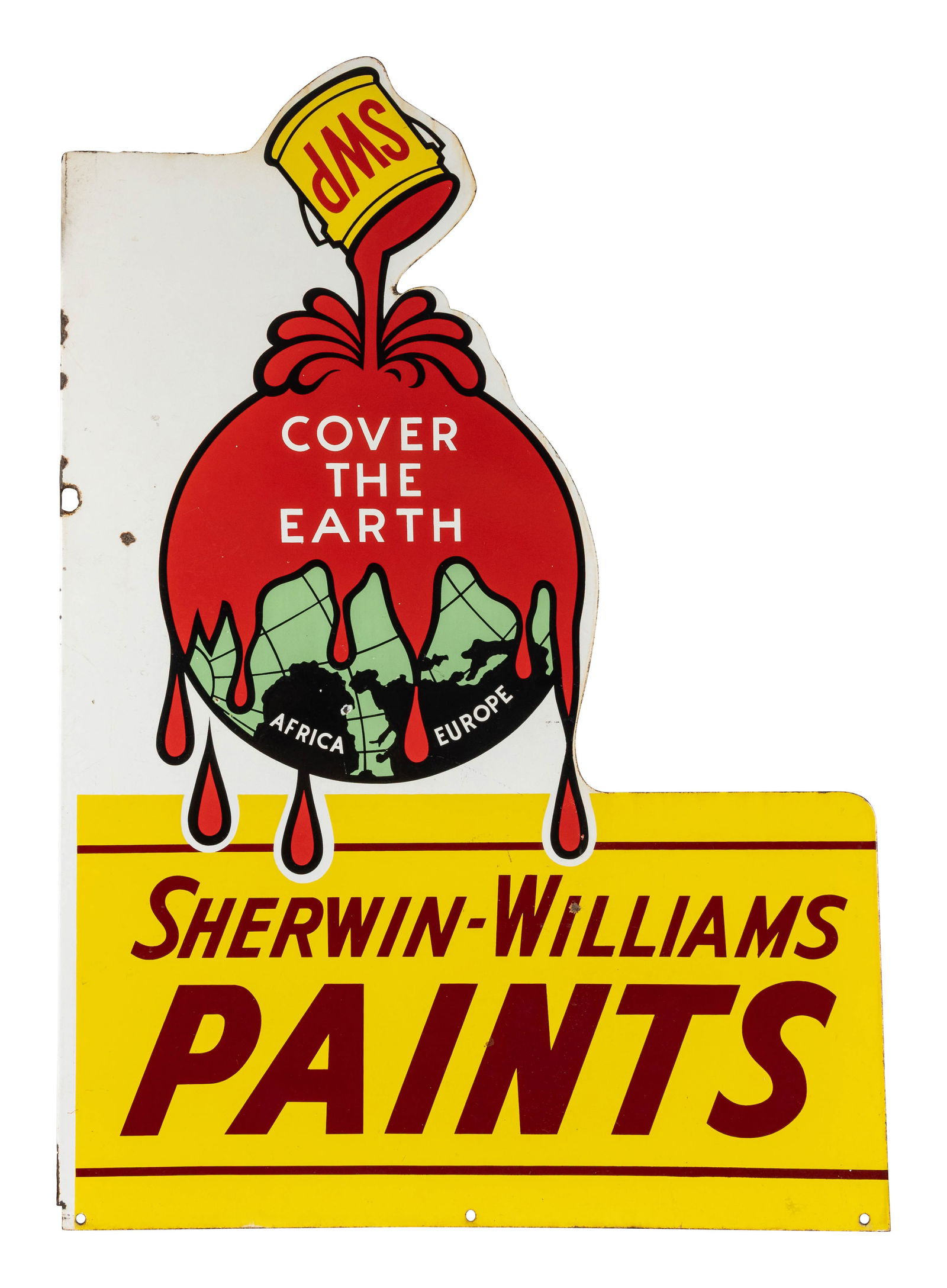 SWP Sherwin Williams Paints DSP Flange Sign w/ Cover the Earth Logo: 48" x 33", DSP die cut flange has very good color and gloss. Side #1 has light surface wear with a chip in the "W" of Sherwin and a chip in the right outer field. The perimeter has light edge wear wit