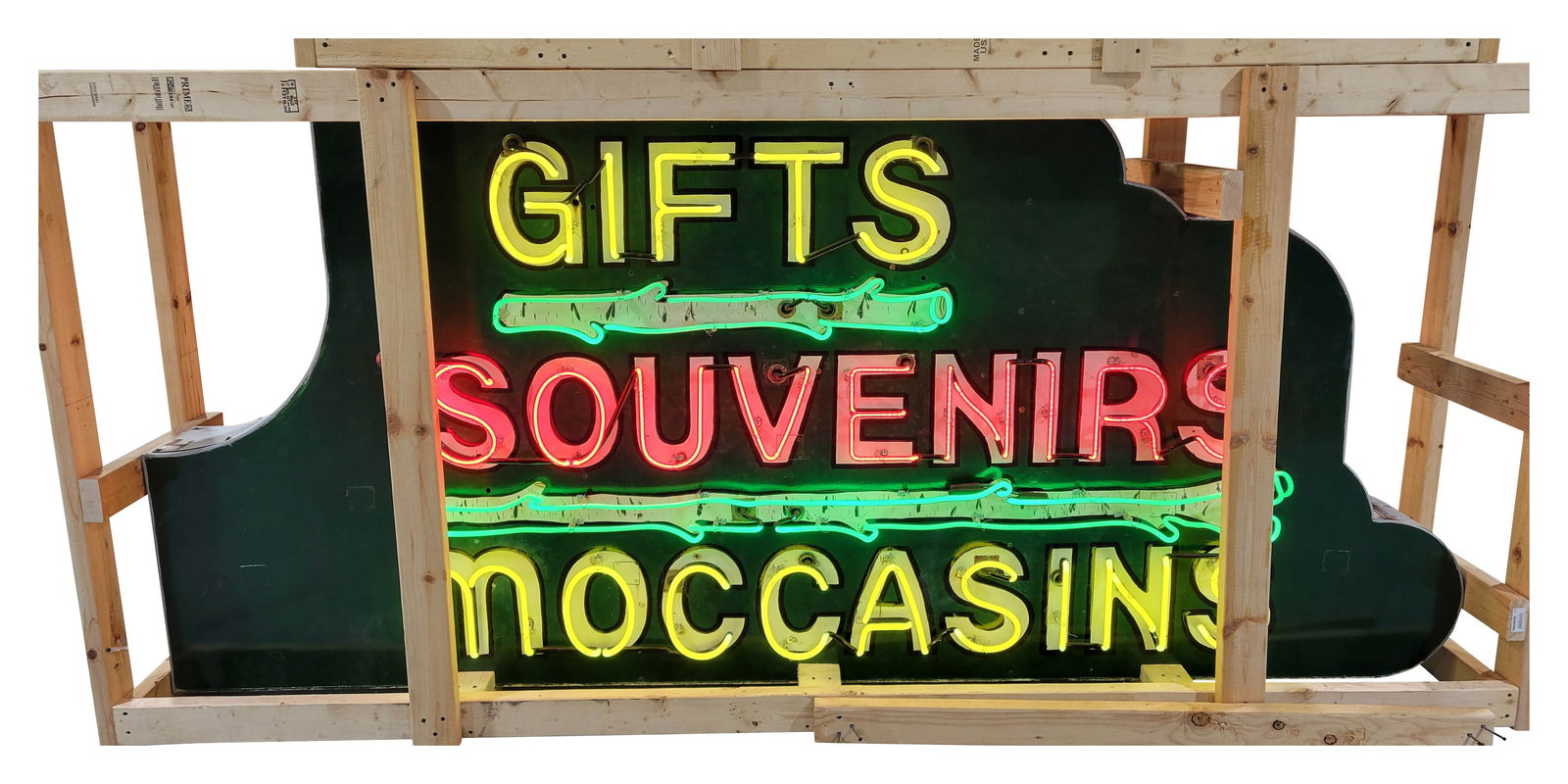 Gifts Souvenirs Moccasins 9' DST Factory Neon Sign: 48" x 111" x 12", DST factory neon sign with the original metal can has excellent color. The sign has been repainted on both sides and displays very well. It shoes light wear with surface imperfection