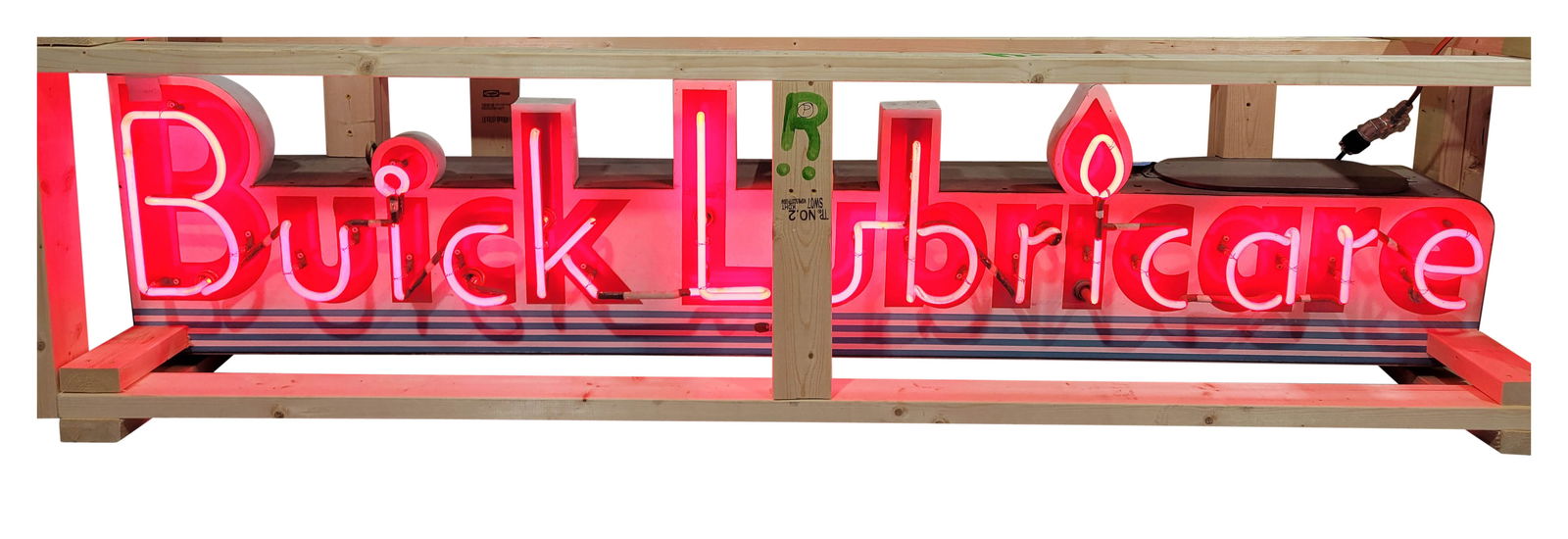 Buick Lubricare Die Cut 7' SSP Factory Neon Sign: 18.5" x 86" x 11", SSP factory neon sign with the original metal can has excellent color and gloss. The fields have chips with areas of color match in the lettering and an area on the edge of the "L".