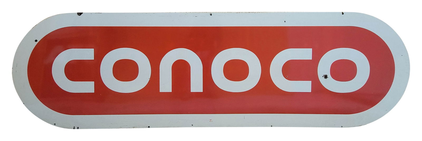 Conoco Gasoline Service Station 10' DST ID Sign: 36" x 118.5", DSP sign has very good color and gloss. The display has fine scratches with a handful of chips in the field. The perimeter has additional chips with minor edge wear. The reverse has addi