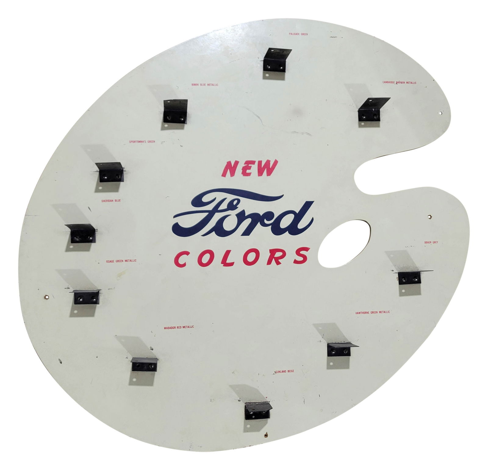 New Ford Colors Masonite Advertising Display Sign: 29" x 30.5", single sided masonite display has good color and shine. The fields have marks with scuffs and small paint chips. The small metal brackets have light wear with minor bends. The sign would