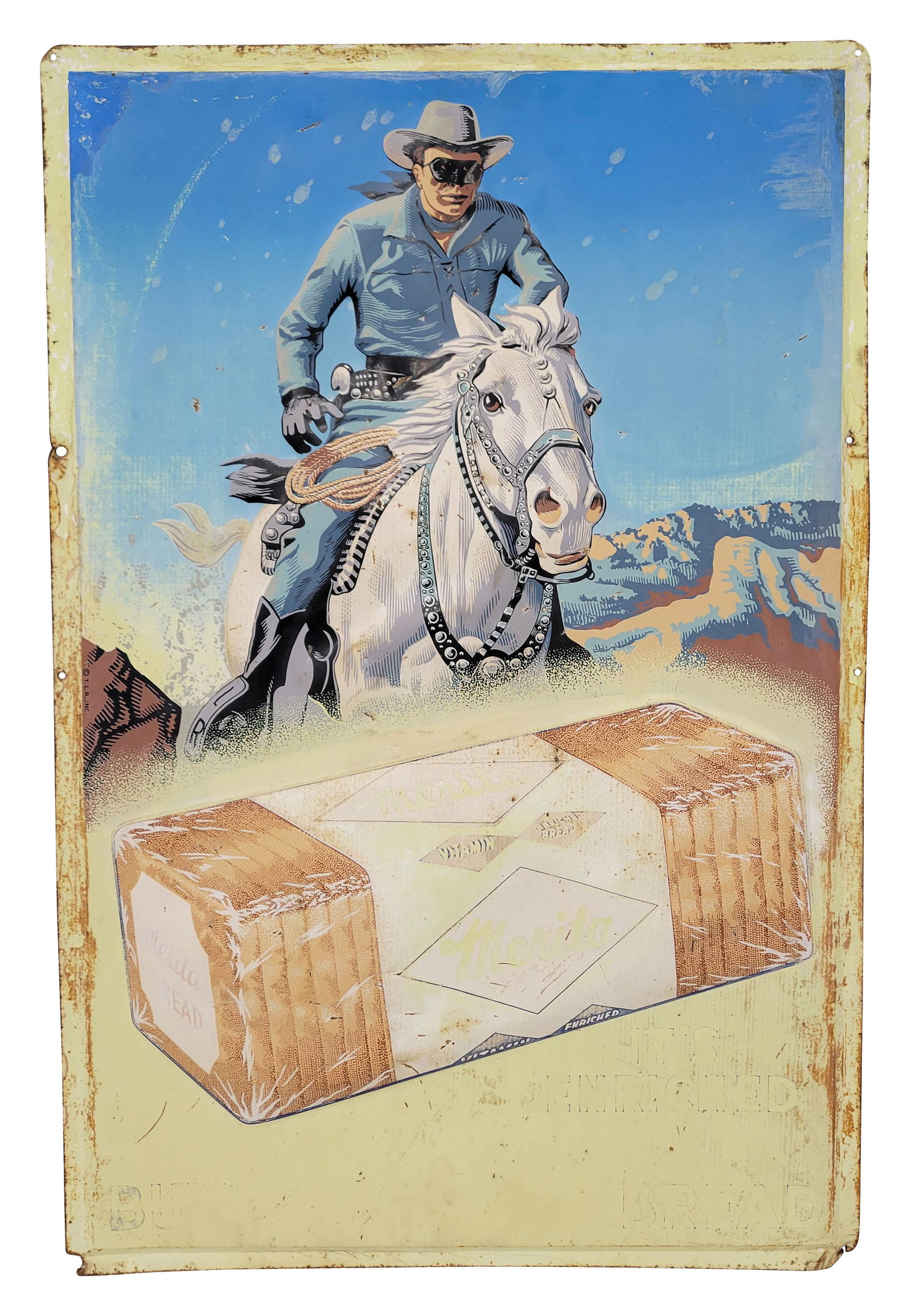 Merita Bread Embossed Sign With Lone Ranger: 24" x 36" heavily embossed SST sign showcases the iconic Lone Ranger and bread logo. The sign displays wear with fading, scratches, small dings, and shallow dents.
