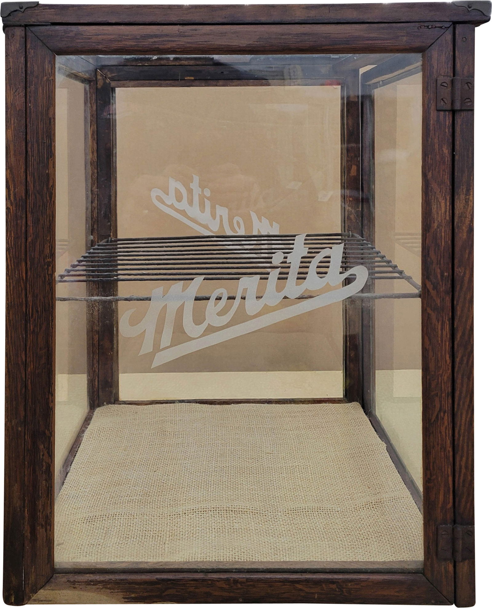 Merita Bread Country Store Counter Top Showcase: 15" x 13.5" x 19.5" unique Merita show case features 4 glass sides and a glass top. 2 of the sides are etched with "Merita". The case can be accessed from the top or side. The glass top is hinged on o