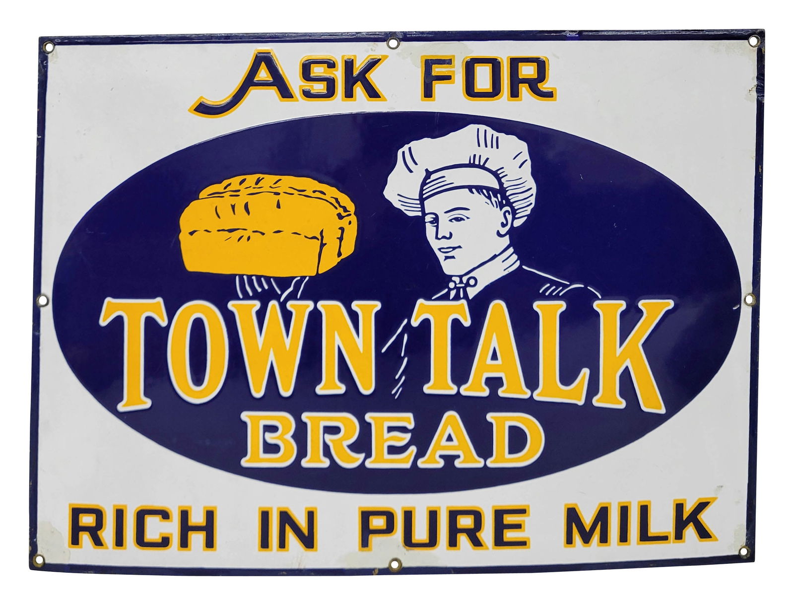 Ask For Town Talk Bread Single Sided Porcelain Sign: 19" x 14" SSP sign exhibits excellent color and gloss with minor fine scratches in the field. There are several color matched touch ups located at the letter "F", below the letter "P", and on the lowe