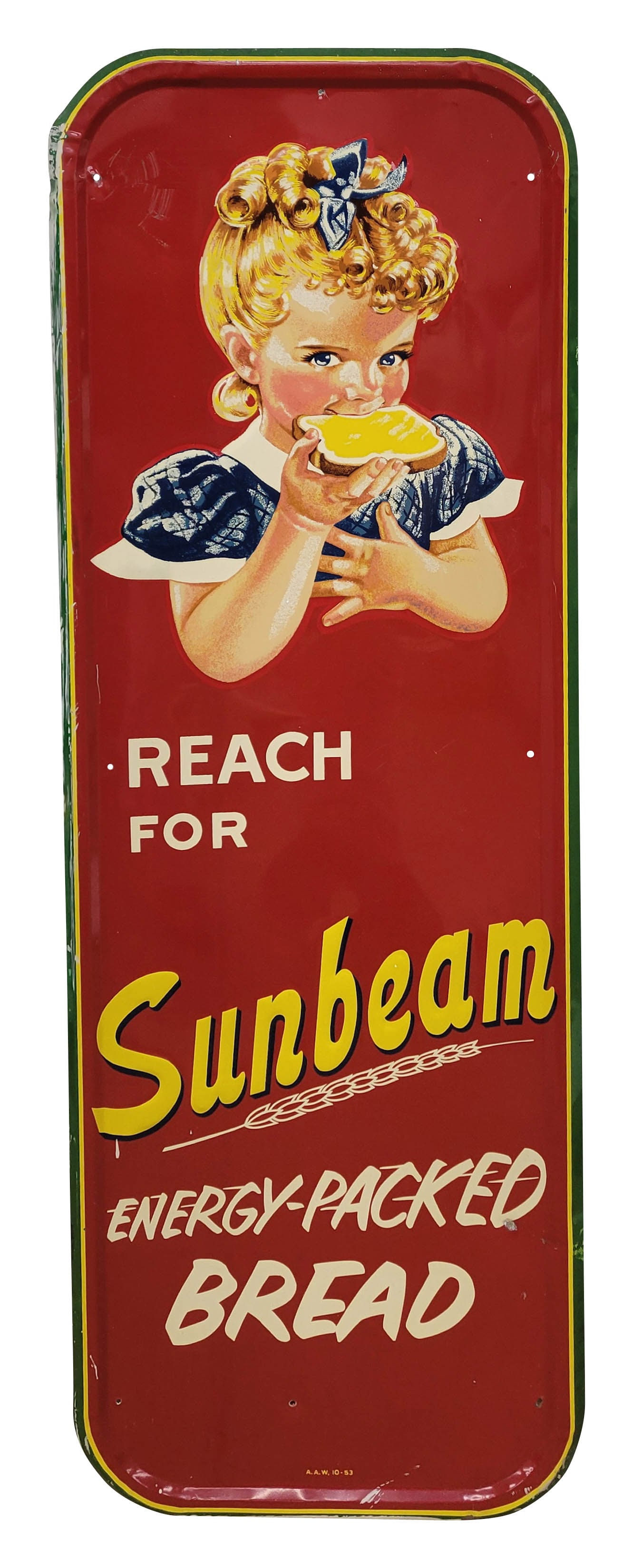 Reach For Sunbeam Energy Packed Bread Single Sided Tin Sign: 19" x 55" embossed SST sign features vibrant colors and a shiny finish that highlights the famous Sunbeam Bread girl. There are several deep scratches located near the upper left corner, along with a
