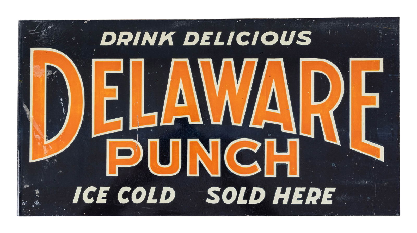 Drink Delicious Delaware Punch Ice Cold Sold Here DST Flange Sign: 9.25" x 17.75", DST flange has excellent color and shine. The field has light wear, small scratches and paint chips. The perimeter has paper residue with areas of discoloration and wear. The reverse h
