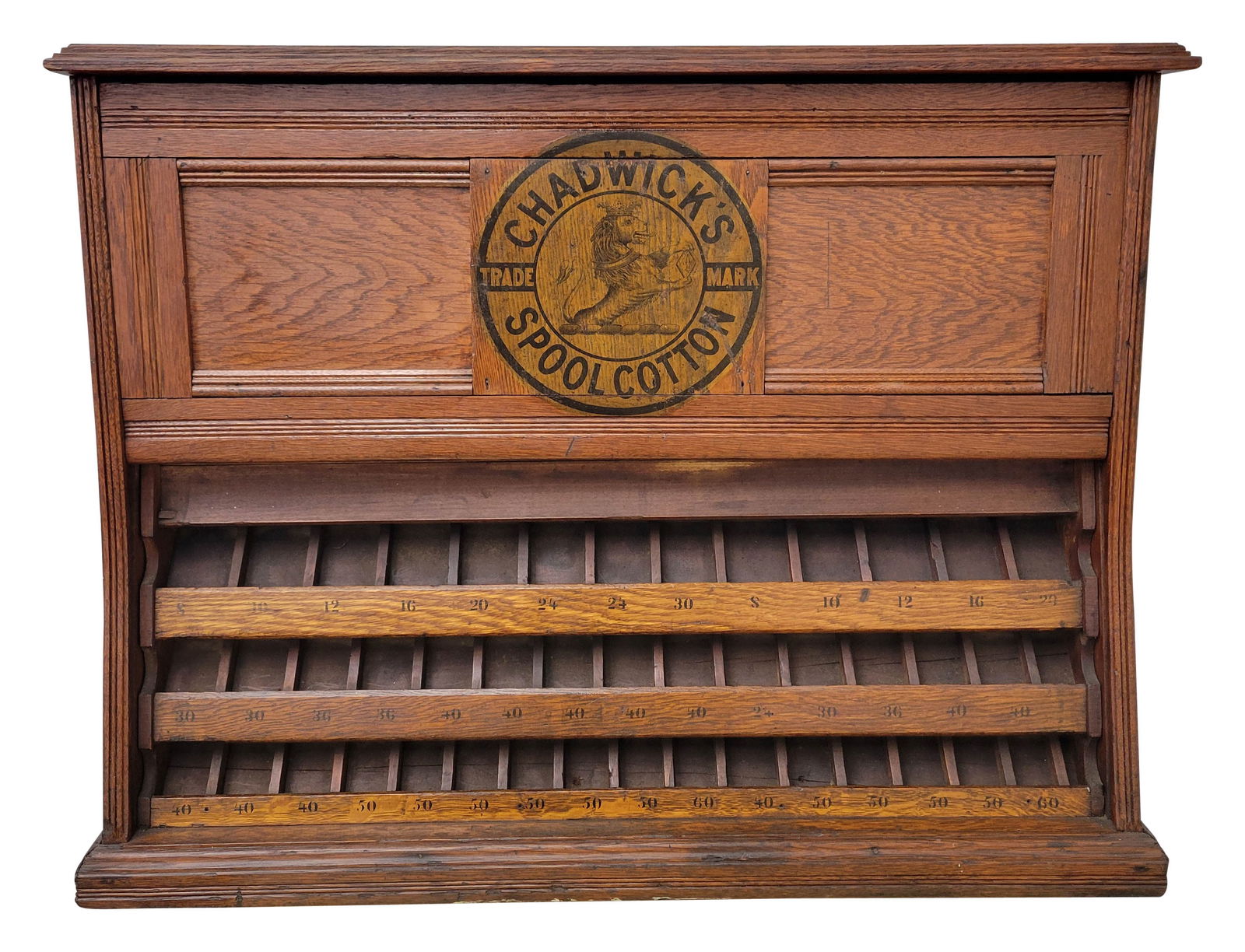 Chadwick's Spool Cotton Wood Display Cabinet Case: 31" x 24" x 11" wood features multiple vertical compartments used for holding spools of thread. The top is hinged and opens allowing you to view to the coinciding numbered slots for thread. The origin