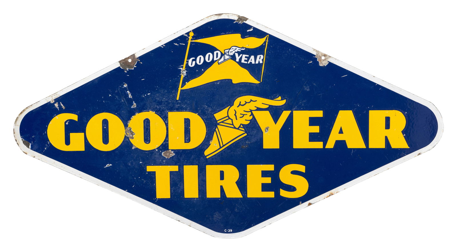 Good Year Tires 4' DSP Sign w/ Wingfoot & Flag Logos: 26" x 48.5", DSP sign has very good color and gloss. Side #1 has marks with chips win the fields. The perimeter has chips with a minor bend on the upper right mounting hole. The reverse has additional