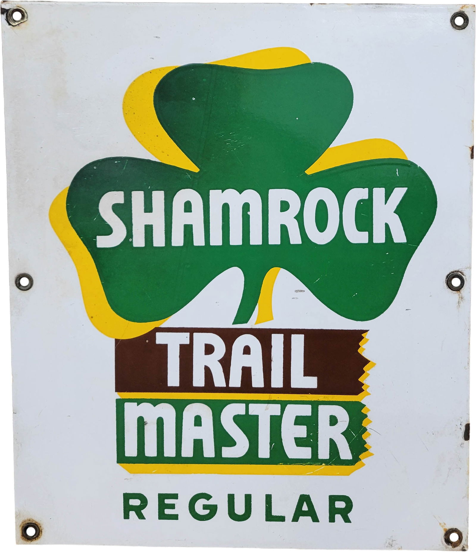 Shamrock Trail Master Regular Porcelain Pump Plate Sign: 10.5" x 12.5" SSP gas pump plate has light wear in the field with small scratches. The perimeter has small scratches and chips with light staining.