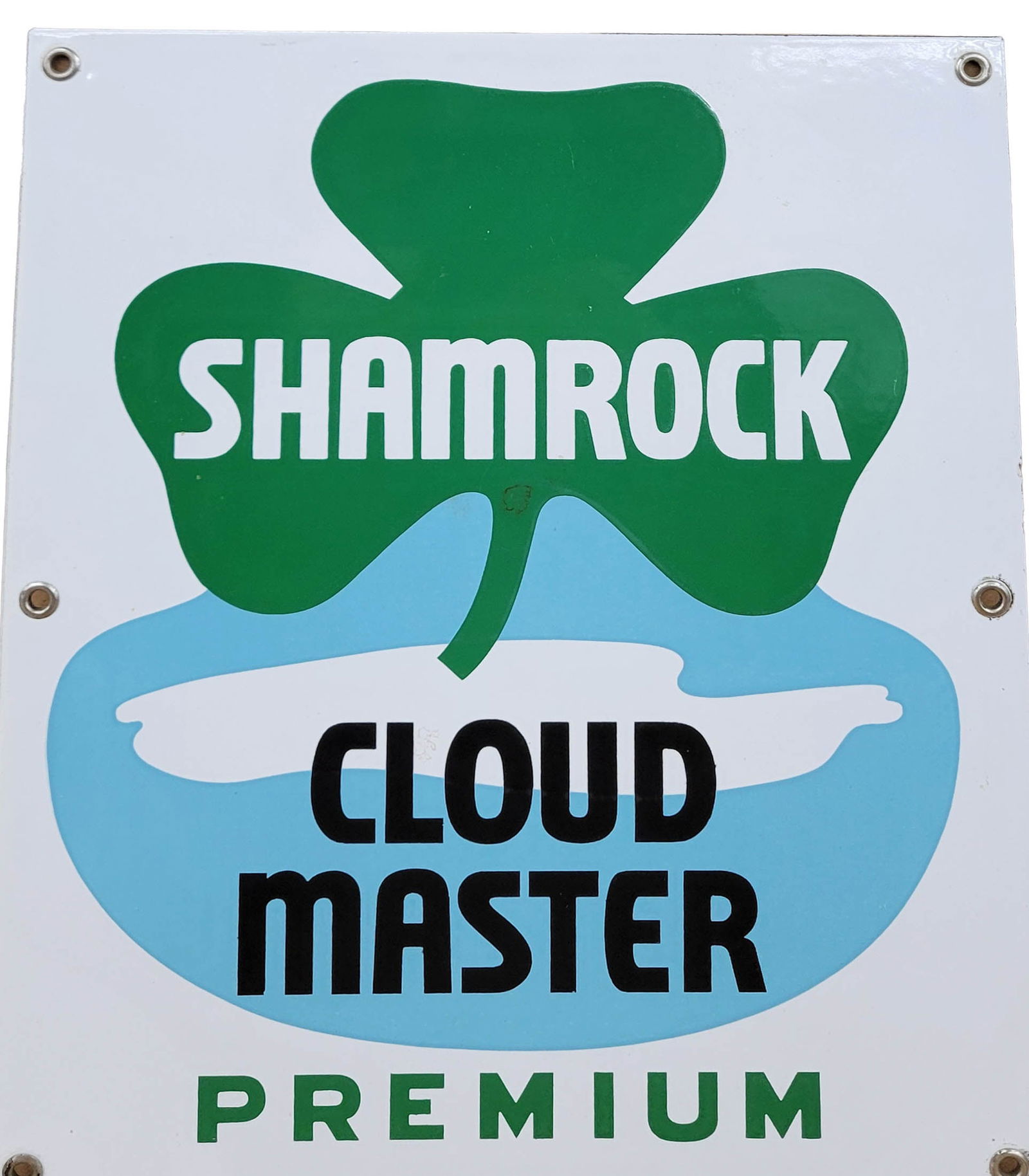 Shamrock Cloud Master Premium Porcelain Pump Plate Sign: 10.5" x 12.5" SSP sign exhibits excellent color and gloss. The field and perimeter are very clean.