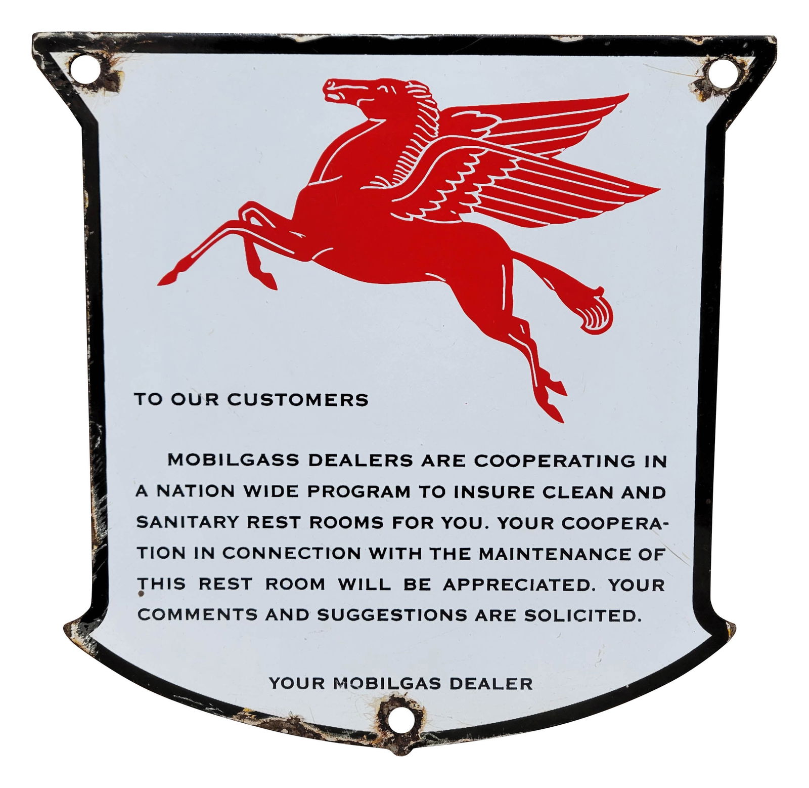 Mobilgas Service Station Restroom Sign: 7.5" x 7.5" SSP Mobilgas service station restroom sign features the Pegasus in bright colors. The field is clean and the perimeter shows wear with small chips and wear at the mounting holes.