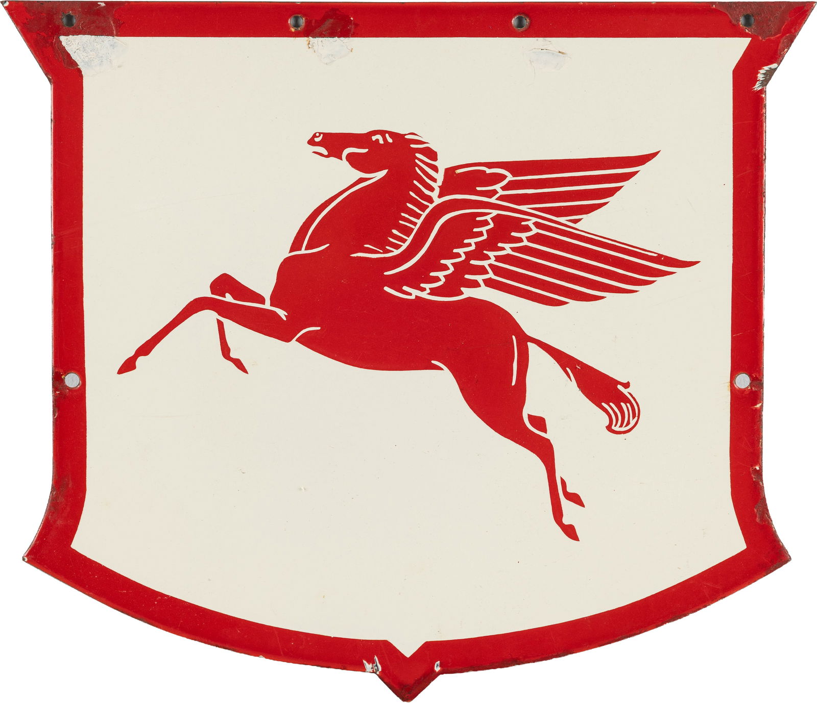 Scarce Wadhams Mobilgas SSP Shield Sign w/ Pegasus: 17.25" x 19.75", SSP die cut sign has excellent color and gloss. The field has light surface wear present. The outer fields and perimeter have color matched chips with very minor crazing. This sign wo