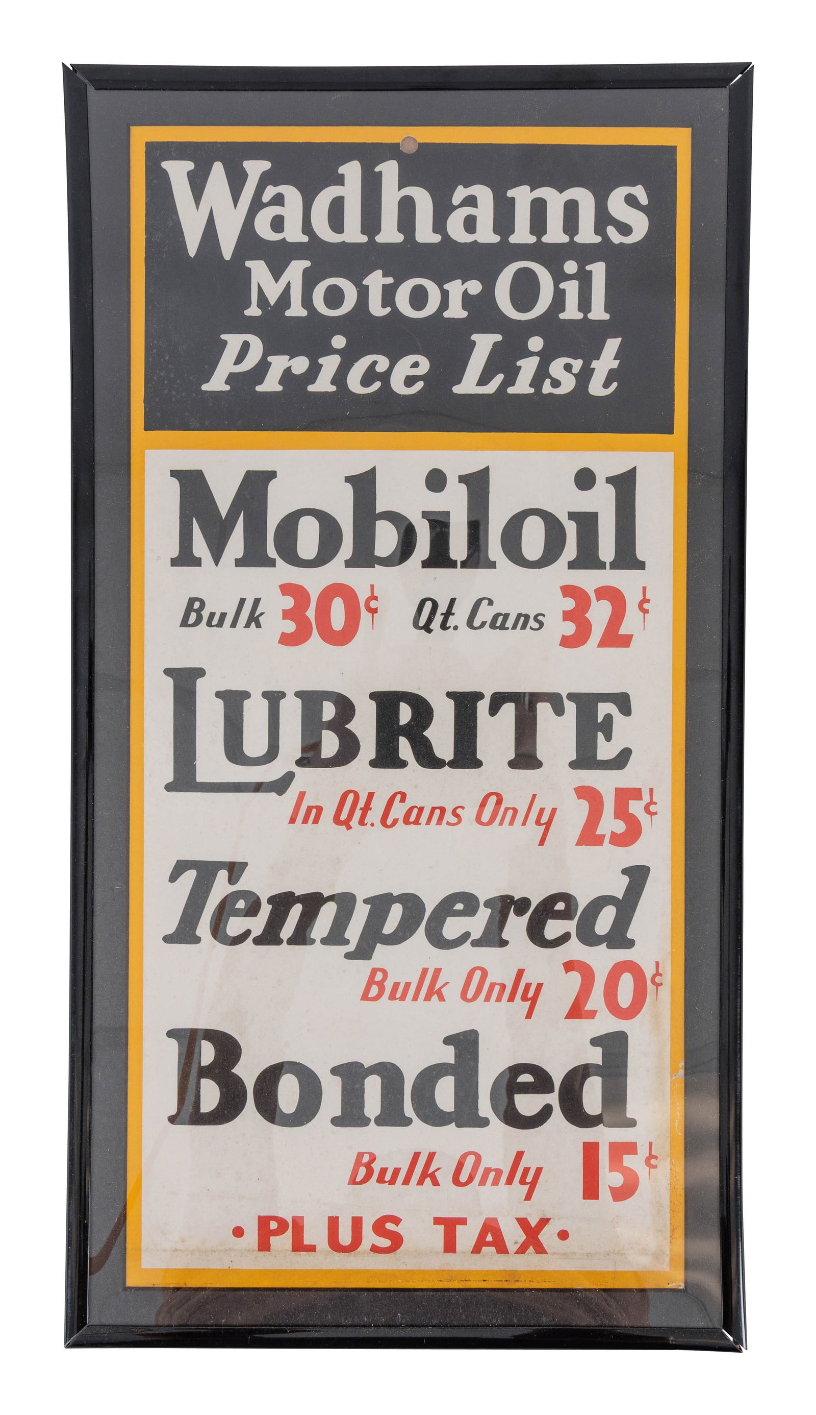 Wadhams Motor Oil Price List Mobiloil Lubrite Cardboard Sign (1 of 2)