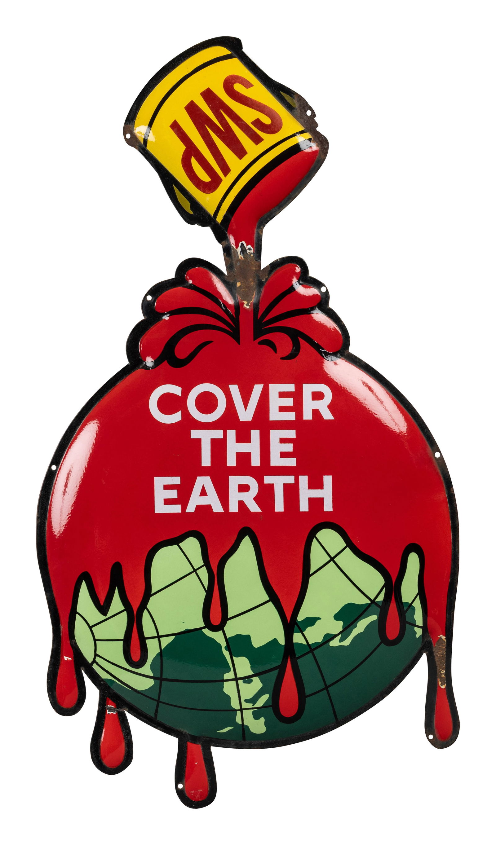 Sherwin Williams SWP Cover the Earth Die Cut SSP Sign: 41" x 23", SSP convex die cut sign has excellent color and gloss. The display has a clean field with chipping along the upper neck of the sign. The perimeter has chips on the lower paint drips and out