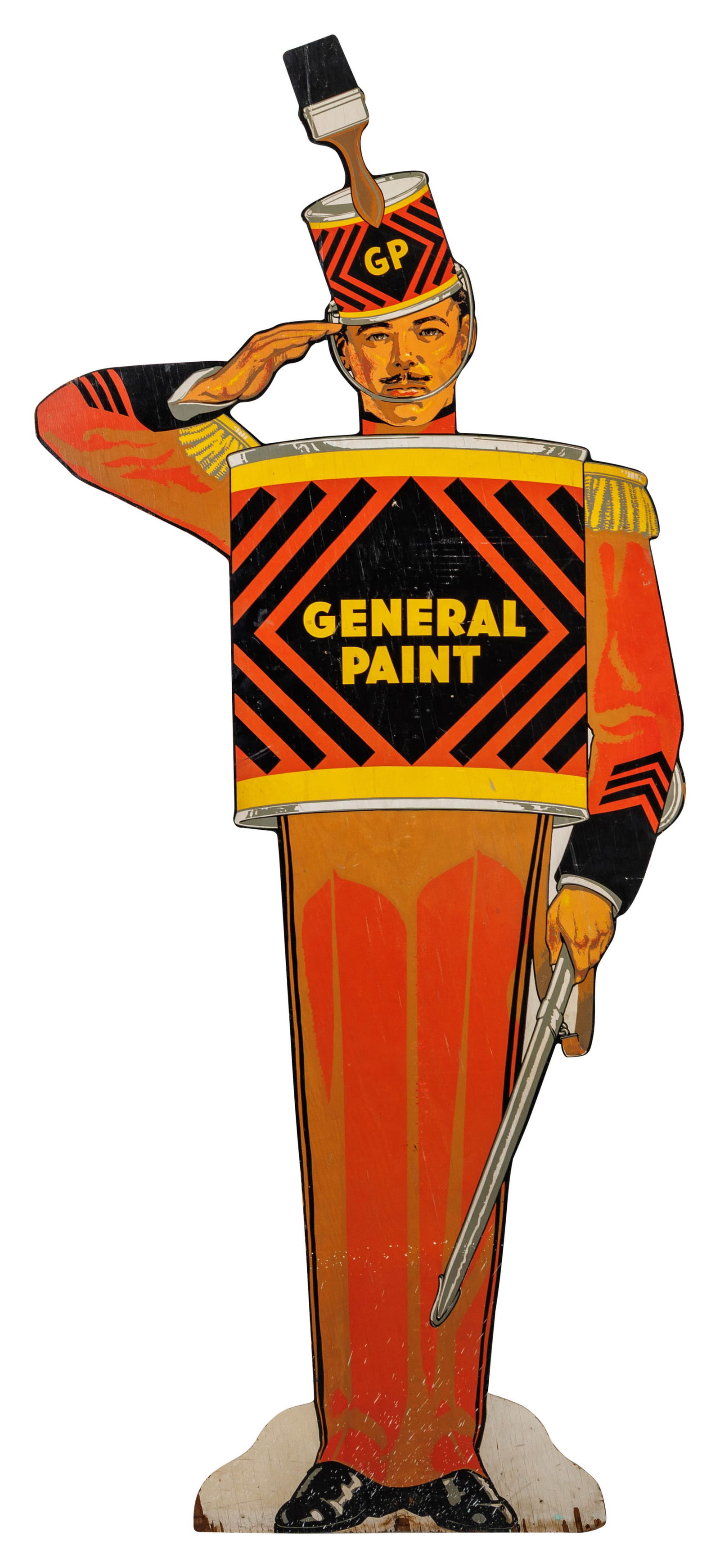 General Paint 5' SS Wooden Soldier Sign: 71.5" x 32", single sided die cut wooden sign has very good color and shine. The field has light wear with errant white paint drips in the lower outer fields. The perimeter has added mounting holes wi