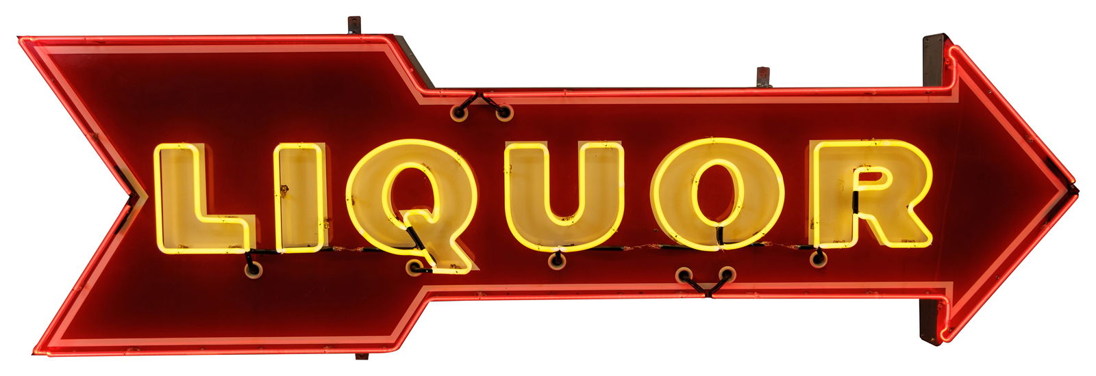 Outstanding Liquor 10' Die Cut SSP Factory Neon Arrow Sign: 36" x 118.5" x 10", SSP die cut factory neon sign has excellent color and gloss. The field is very clean overall with minor surface wear, small chips and areas of slight discoloration in the white let