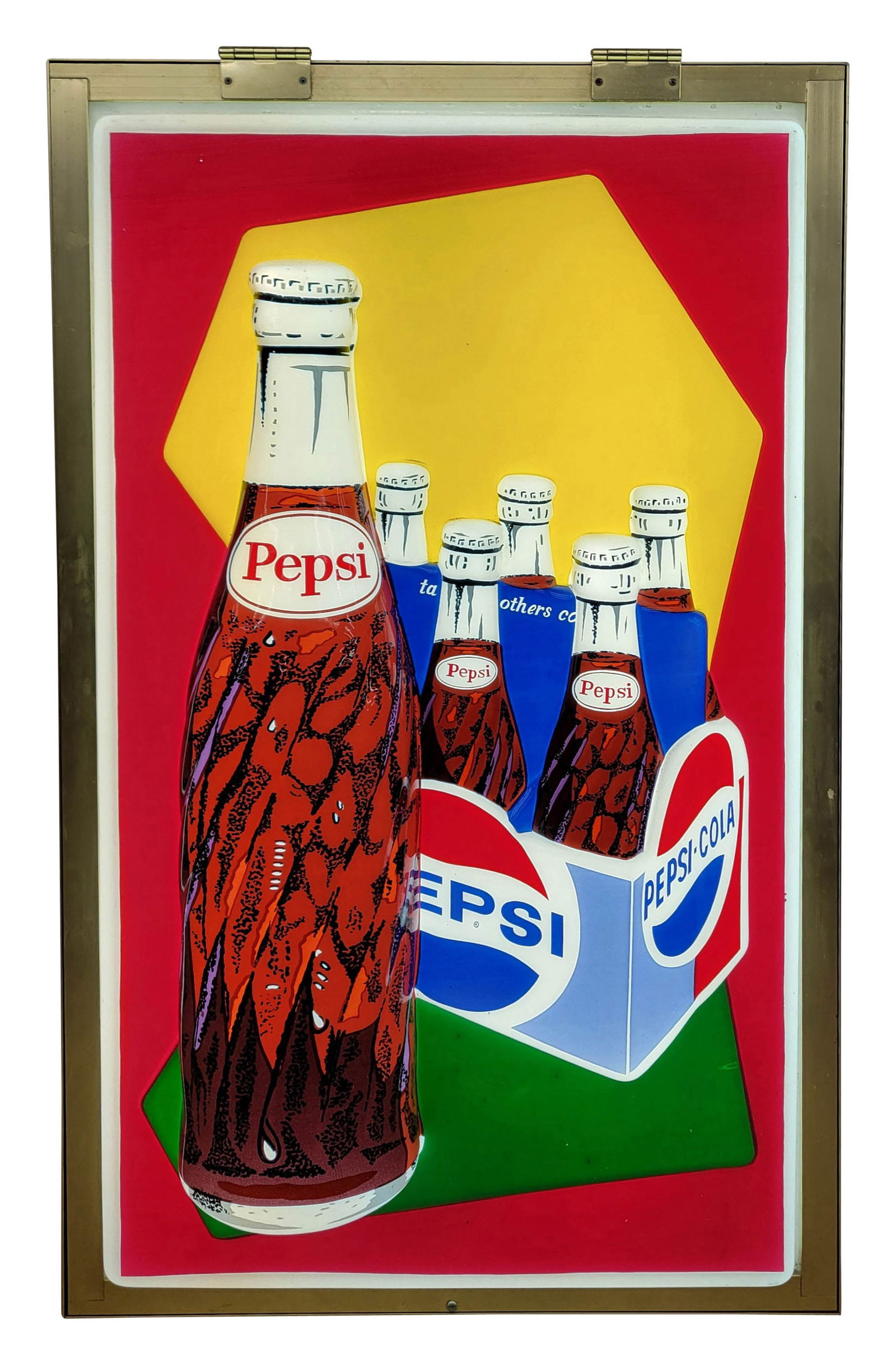 Pepsi Cola Embossed 3D Light Up Sign: 27" x 43.5" x 10"d working light up plastic sign is in excellent condition and displays well with bright colors and high shine. The front is plastic and the gold colored metal can is in excellent cond