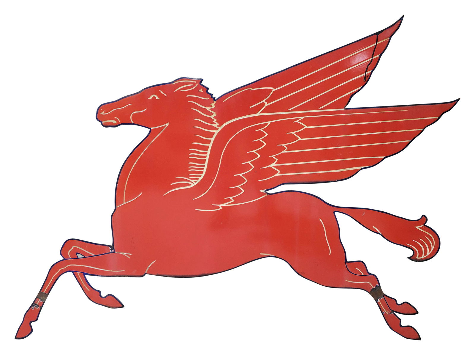 Mobil Pegasus "Left Facing" 54" Die Cut SSP Sign w/ "Blue Border": 36" x 54", SSP die cut sign has very good color and gloss. The field has light wear with toning to the white porcelain enamel. The perimeter has errant paint on the upper right edge with small bends a