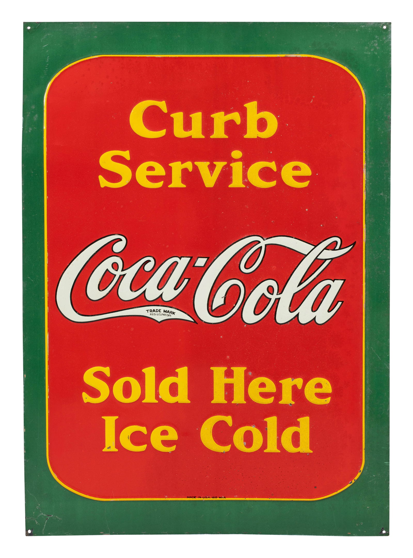 1933 Curb Service Coca Cola Sold Here Ice Cold Emb. SST Sign (1 of 2)