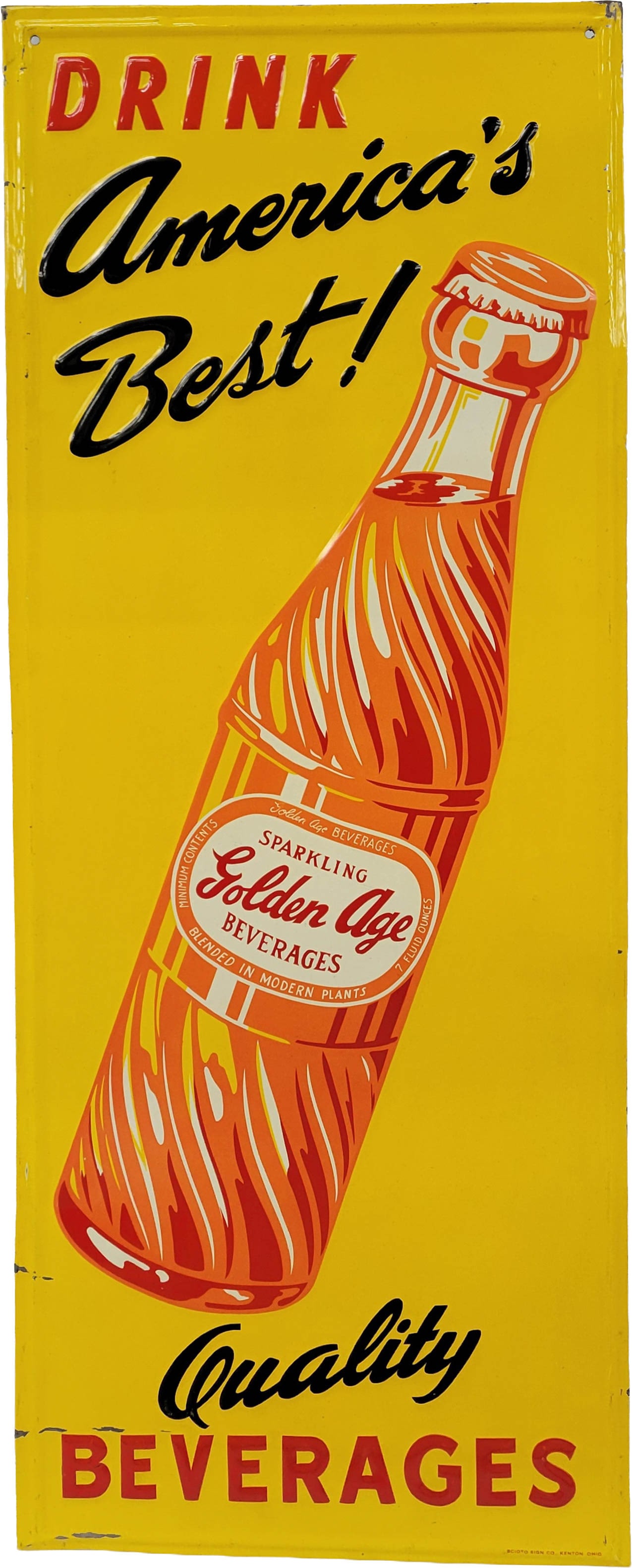 Drink America's Best Golden Age Beverages Embossed Single Sided Tin Sign: 30" x 12" embossed SST sign features the Golden Age bottle in bright colors with high shine. There is a slight scratch on the bottle and a minor shallow bend with a tiny ding on the right edge. The lo