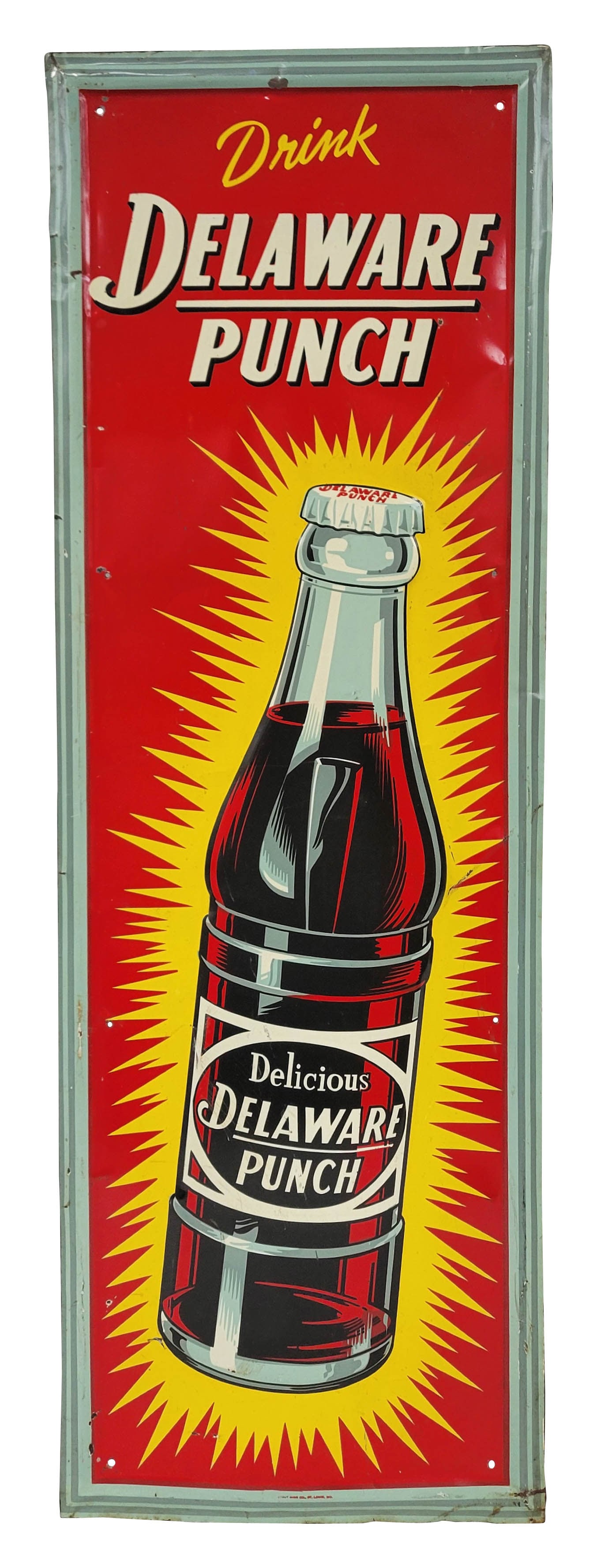 Drink Delaware Punch Embossed Single Sided Tin Sign: 13" x 39" embossed SST sign exhibits vibrant colors showcasing the Delicious Delaware Punch bottle logo. There is light wear in the field with scuffs, light scratches, and a few shallow bends. The per