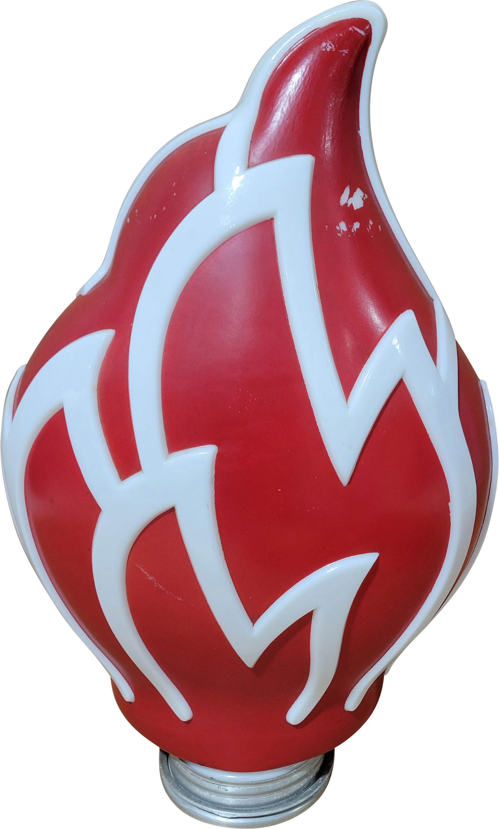 Standard Oil OPC Flame Milk Glass Globe: 20.5" T., OPC, one piece cast milk glass globe with screw base has very good color. The globe has been repainted and has areas of paint chips and errant paint on the metal screw base Overall an iconic