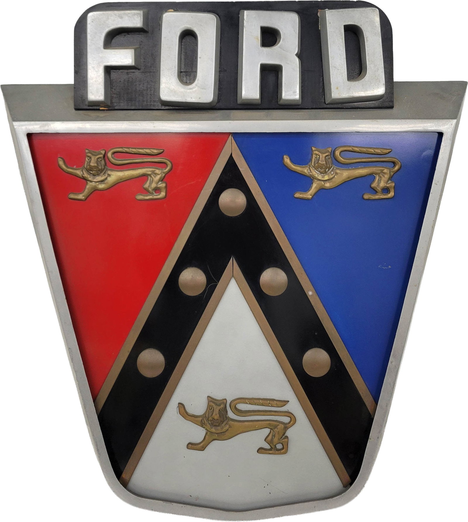Rare Ford Crest Jubilee 3D Dealership Sign: 27.5" x 29" single sided multi-piece sign displays well with very good color. The field exhibits minimal wear with a fine scratch in the black painted area and a small scratch on the right side of the