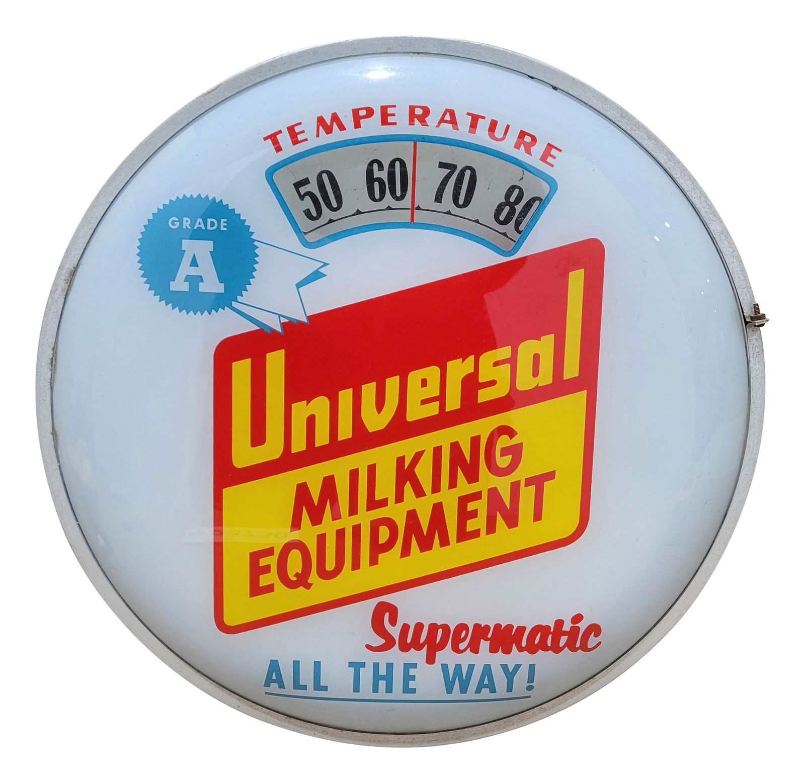 Universal Milking Equipment Round "Bathroom Scale" Thermometer: 13.5" wall mounted thermometer displays excellent color with reverse painted graphics on the front glass. It features a "bathroom scale" or "pancake" style design with plastic housing on the back. The