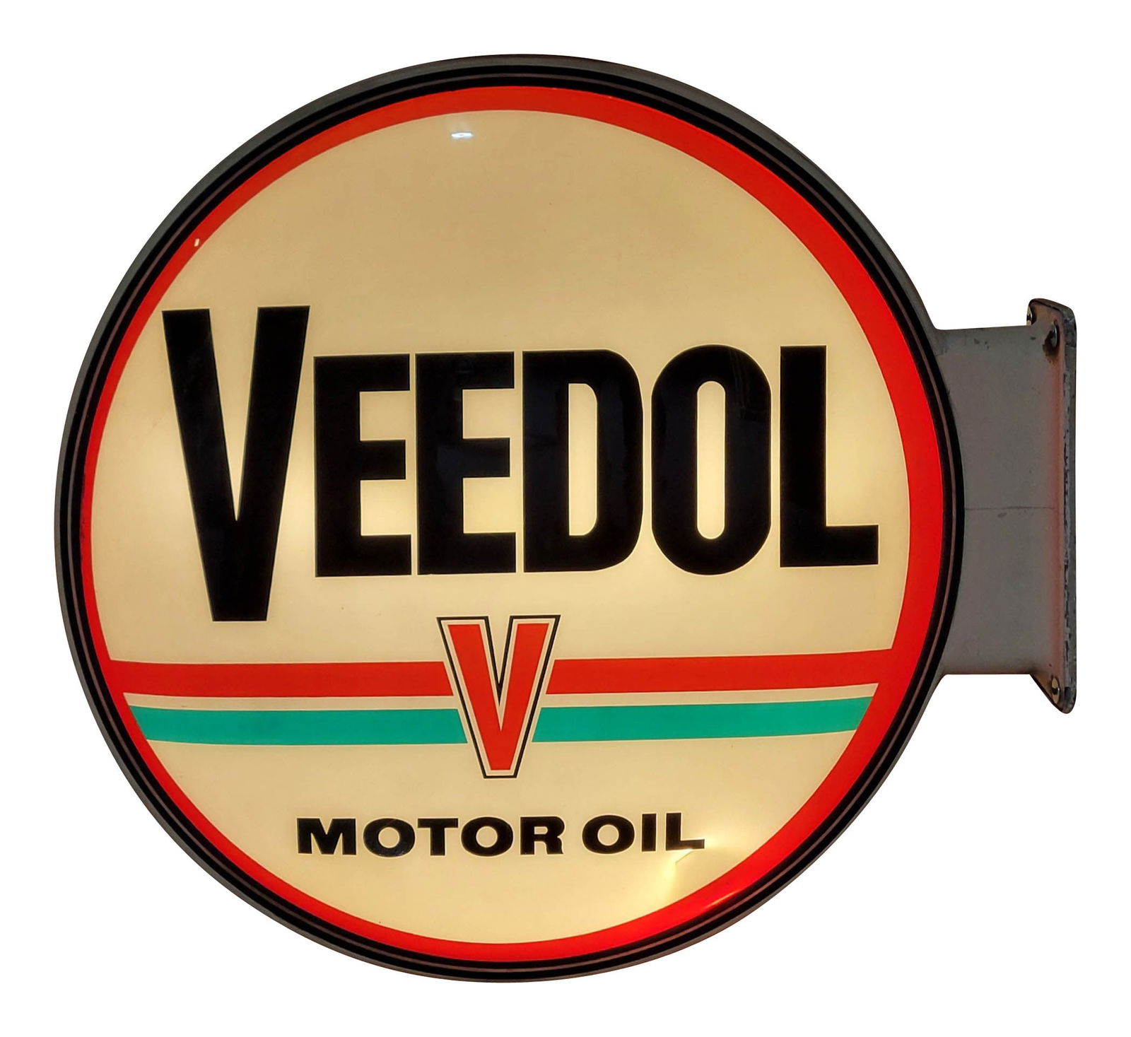 Veedol Motor Oils 37" DS Plastic Lighted Sign: 37" x 41" x 5", double sided internally lighted plastic sign with flange mount frame has very good color. The sign lights as it should. Side #1 has minor surface wear with errant paint drips in the le