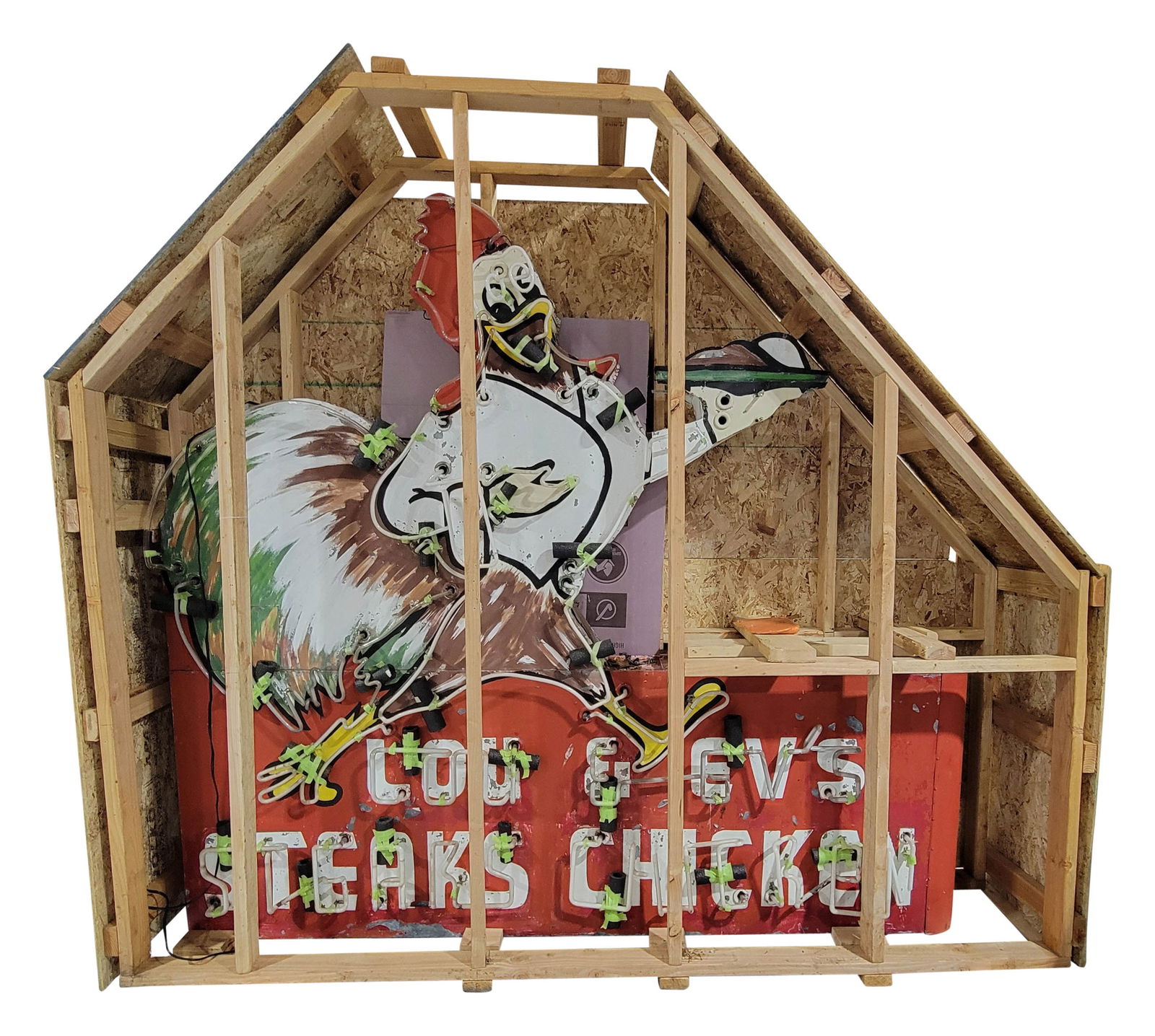 Amazing Lou & Evs Steaks Chicken 8' Die Cut Factory Neon DST Sign Eugene Oregon: 99" x 100" x 11", DST factory Neon Sign with the original metal can. This sign was originally from Eugene, Oregon, and used at the famed Lou & Evs Steaks Chicken. The business was opened in 1941 and w