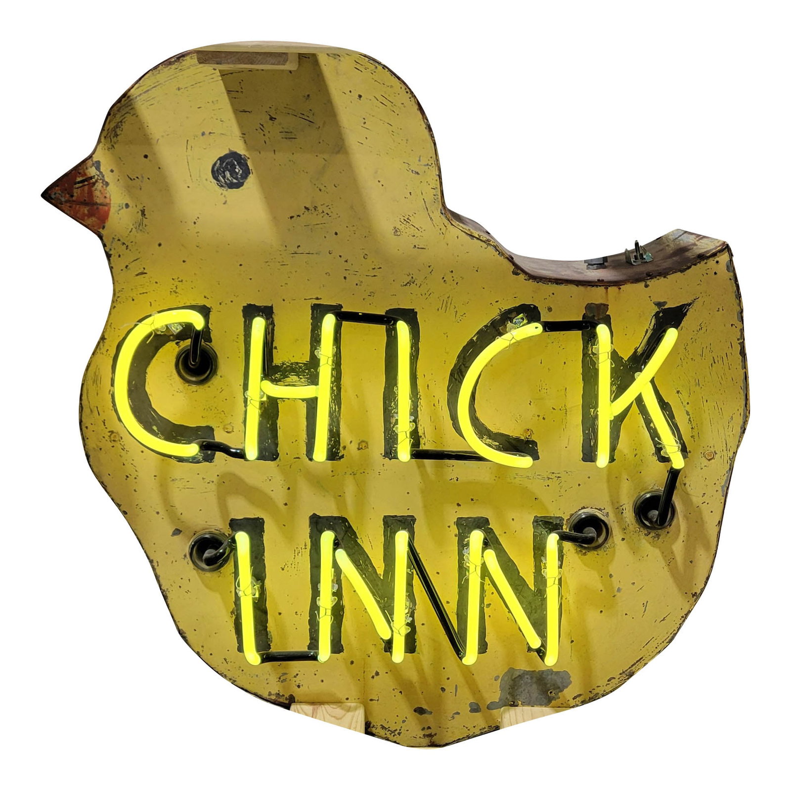 Chick Inn 32" DST Factory Neon Sign: 32" x 32" x 16", DST factory neon sign has good color and moderate shine. The fields have general wear with areas of old retouch throughout. The metal can is in good condition with areas of oxidation