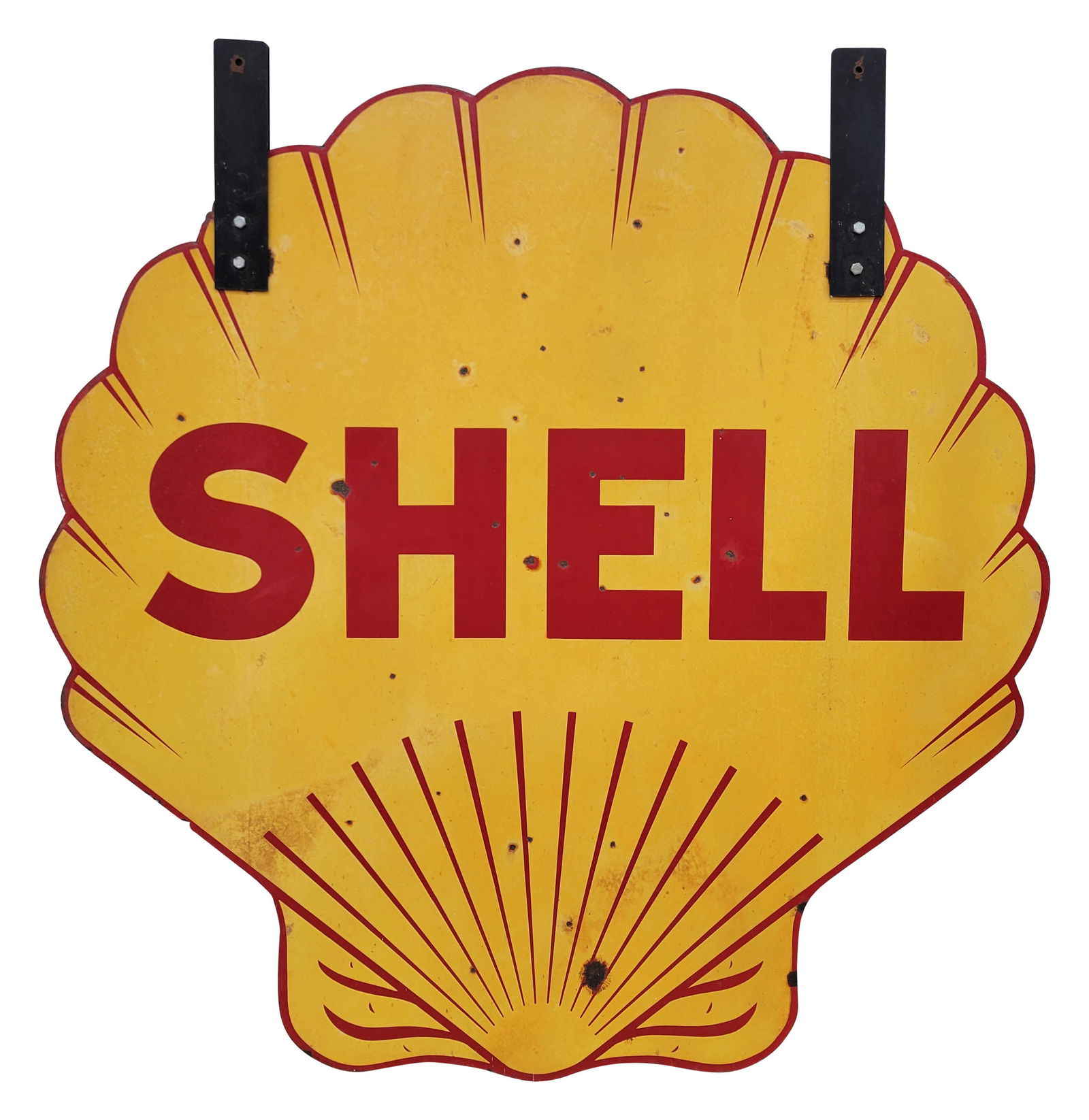 Shell Double Sided Porcelain Dealer Sign: 48" DSP sign displays signs of wear on each side with small chips, light rust, and light discoloration throughout. The perimeter has light wear with several small chips on each side and there is a min