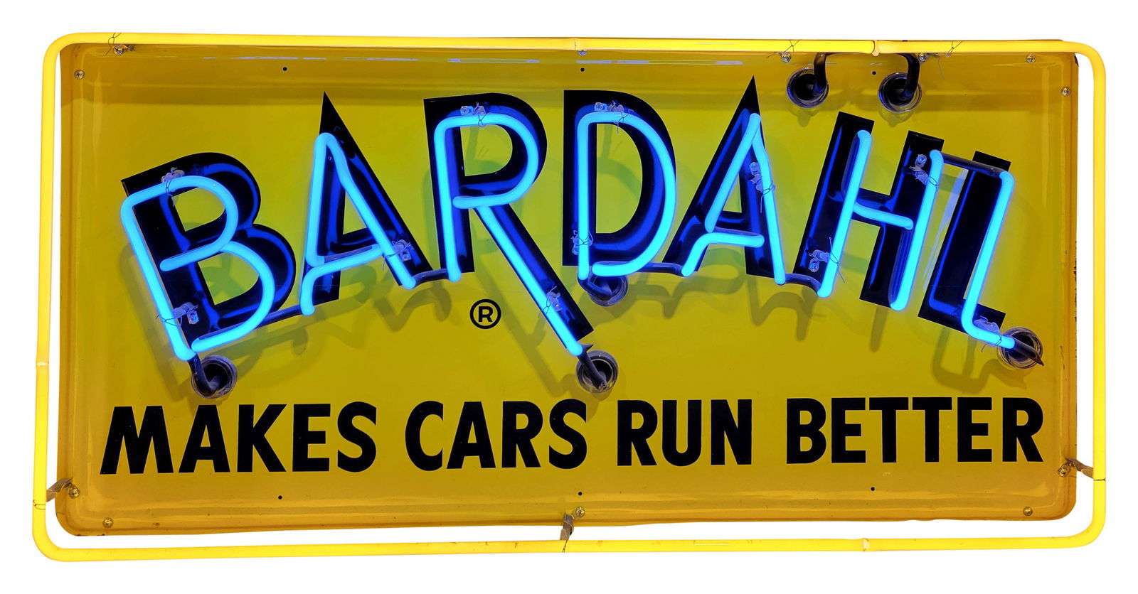 Bardahl Makes Cars Run Better Emb. SST Neon Sign: SST embossed sign with added neon and metal can has excellent color and shine. The sign features vibrant two-color neon which perfectly accents the sign. The field is very clean overall with a scratch
