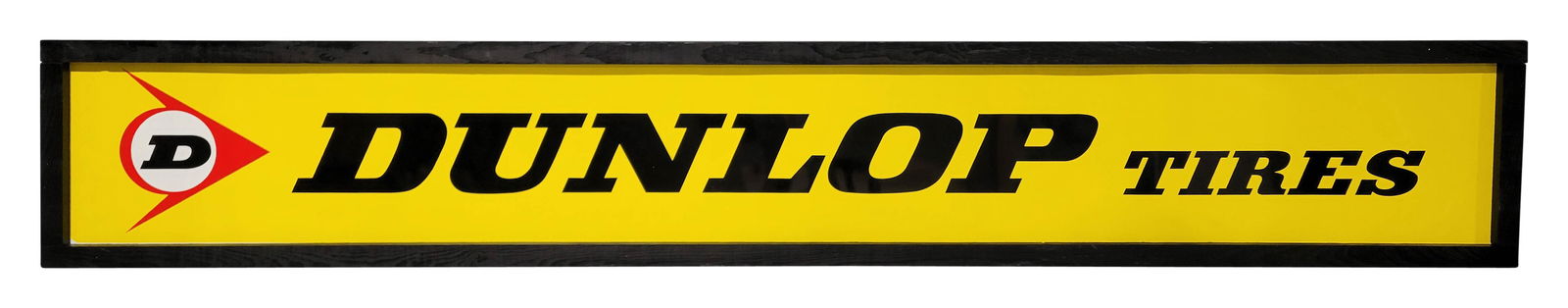 Dunlop Tires Single Sided Tin Sign In Frame: 15" x 97" SST sign is in excellent condition with excellent color and shine. The field is very clean. The wood frame is in excellent condition.