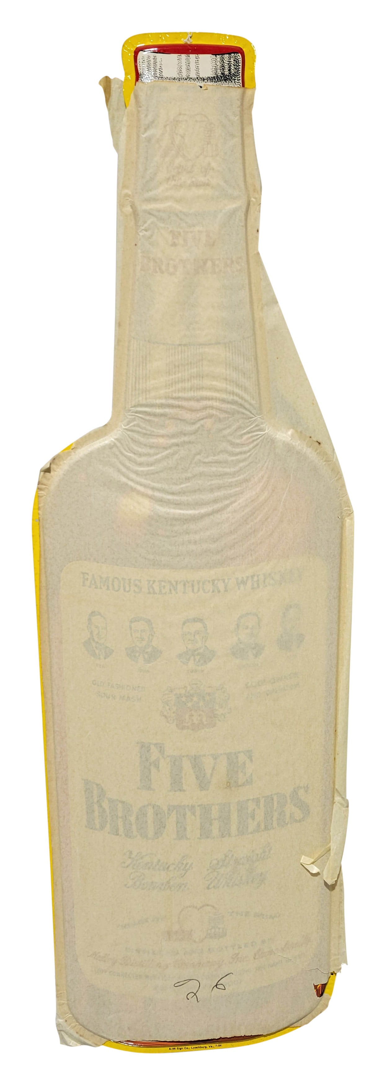 NOS 1954 Five Brothers Bourbon Whiskey Die Cut Single Sided Tin Bottle Sign w/ Paper: 47.5" X 14", Outstanding NOS (new old stock) SST self-framed sign with factory paper has excellent color and shine. The sign has factory paper attached to the fields. The visible perimeter is in excel