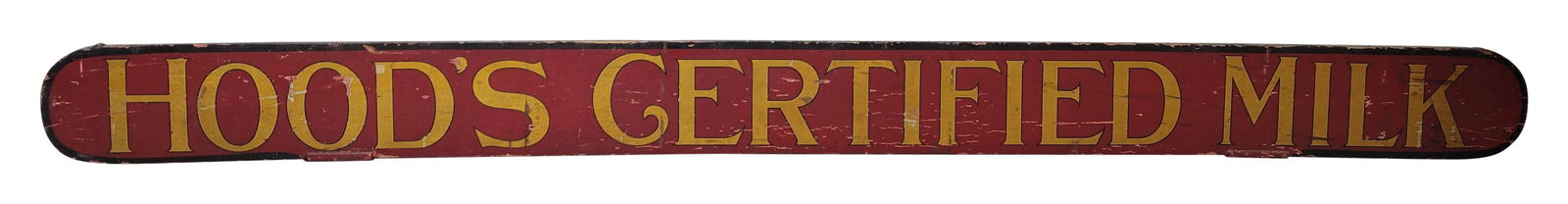 Early Double Sided Wood Hood's Certified Milk Delivery Wagon Sign: 95" x 7.5" hand painted double sided wood sign would have been mounted to the top of a Hood's Milk horse drawn delivery wagon. The sign is hand painted red with gold lettering and black trim. There ar