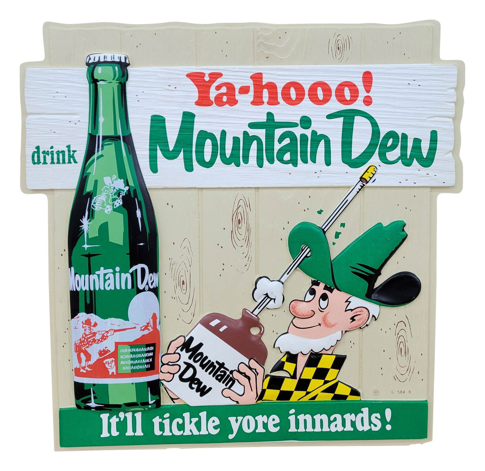 Large Ya-hooo! Drink Mountain Dew Embossed Plastic Vacuform Sign w/ Hillbilly & Bottle (1 of 2)