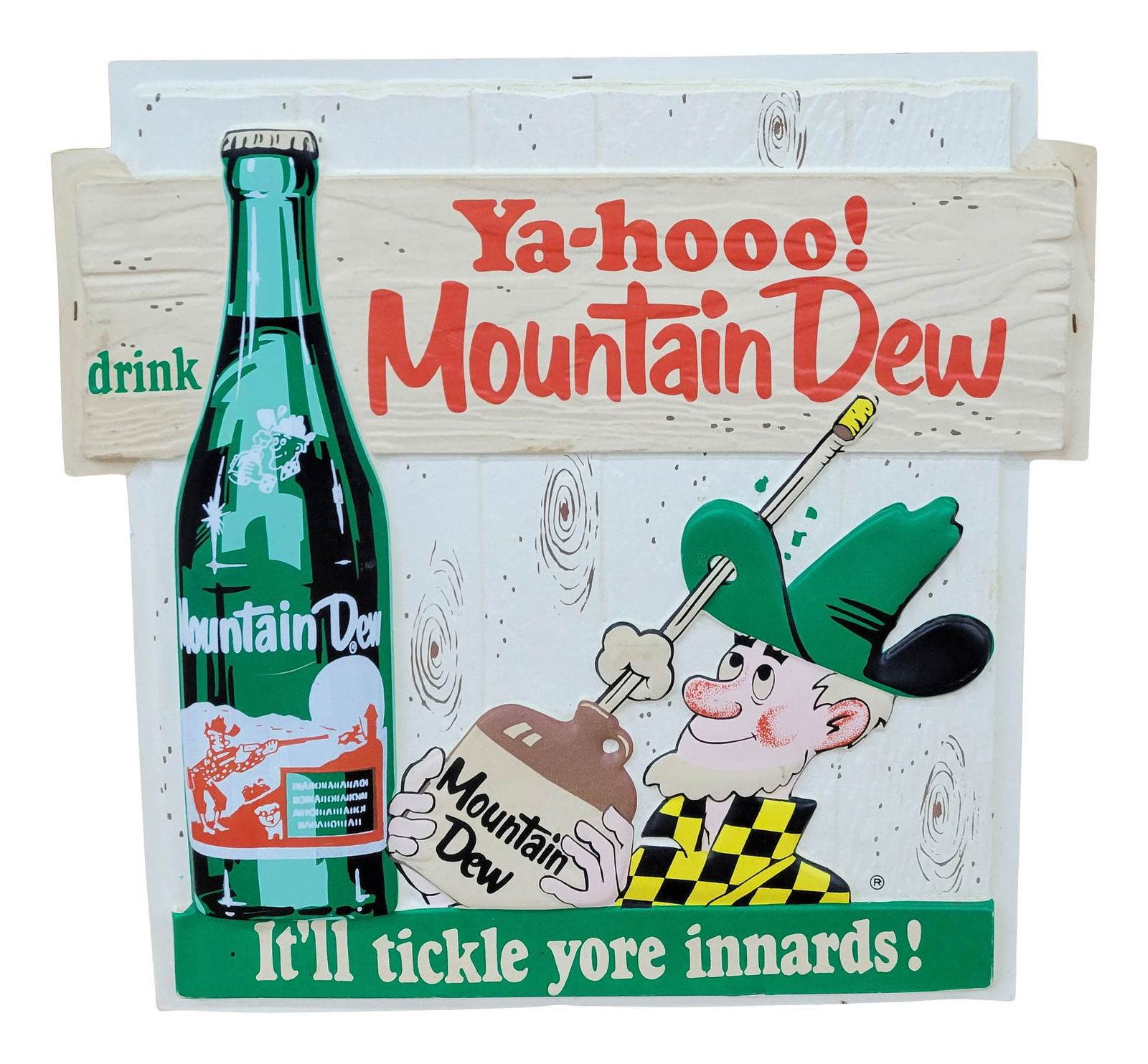 Ya-hooo! Drink Mountain Dew Embossed Plastic Vacuform Sign w/ Hillbilly & Bottle: 13.5" x 13.5" vacuform sign with cardboard back is in excellent condition with bright colors. The field and perimeter are very clean with the exception of a light scratch on the bottle. The back has s