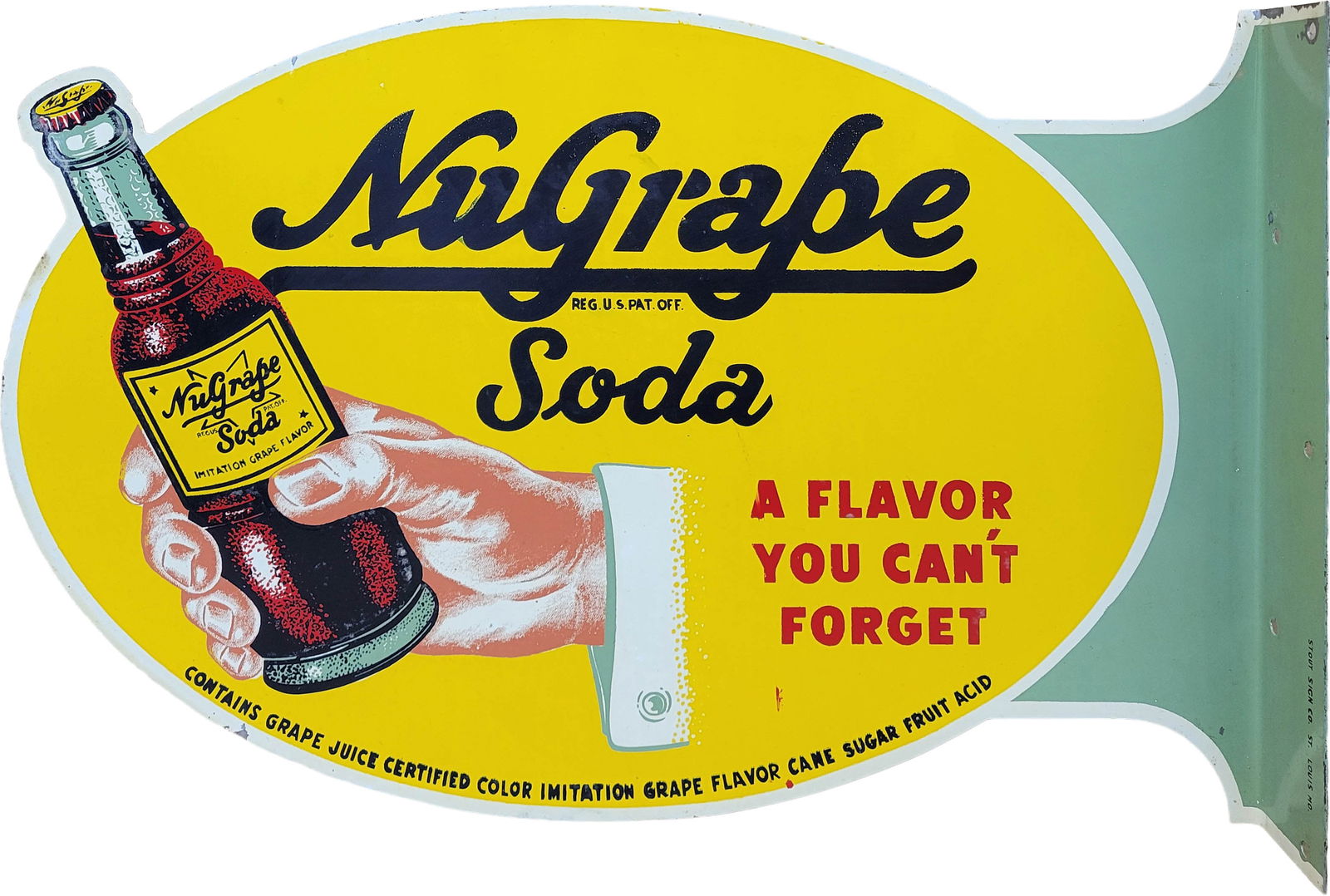 NuGrape Double Sided Tin Flange Sign: 20" x 14" tin flange sign features great vibrant graphics. One side shows slight wear, including light scuffs and a tiny smudge of red paint. The edges exhibit minor wear with a few small chips in the