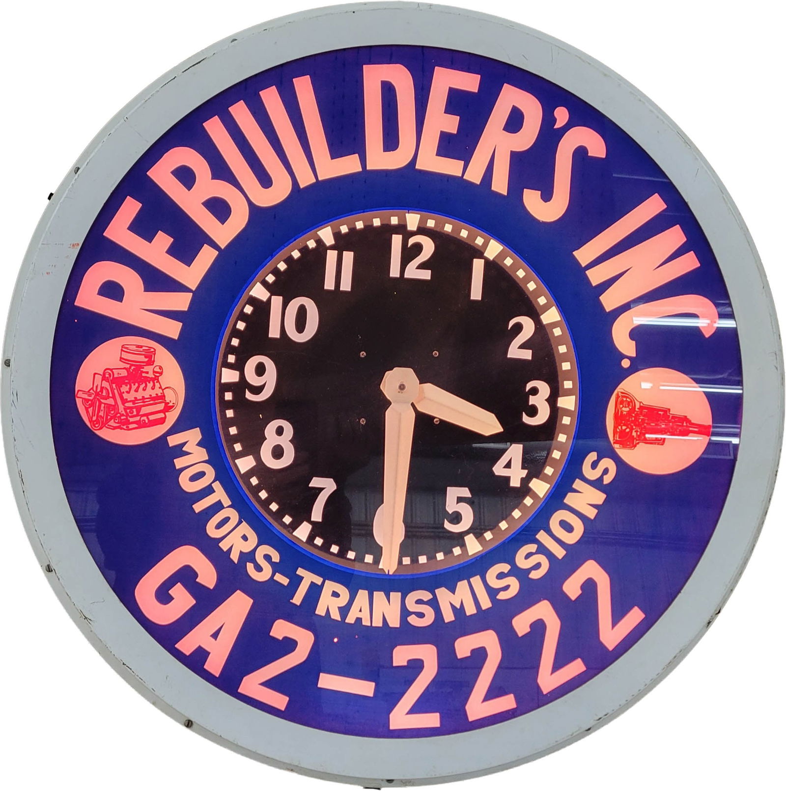 RE Builders Inc. Motors Transmissions Neon Advertising Clock (1 of 3)