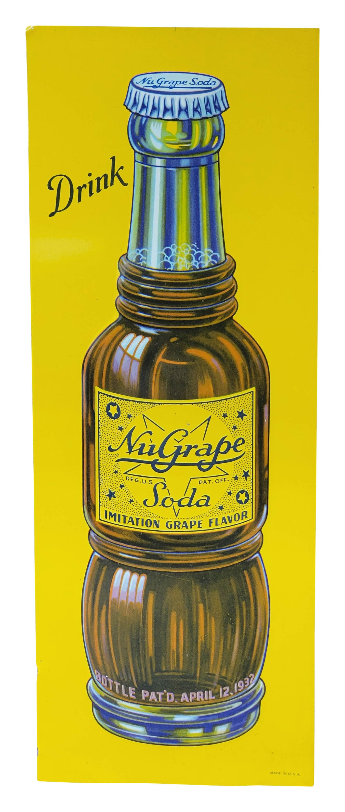 Drink NuGrape Embossed Single Sided Tin Sign: 4.5" x 12" SST embossed sign is in excellent condition exhibiting bright colors and high shine. The sign features an early NuGrape bottle marked Pat'd. April 12, 1932. The left edge has 2 very small m