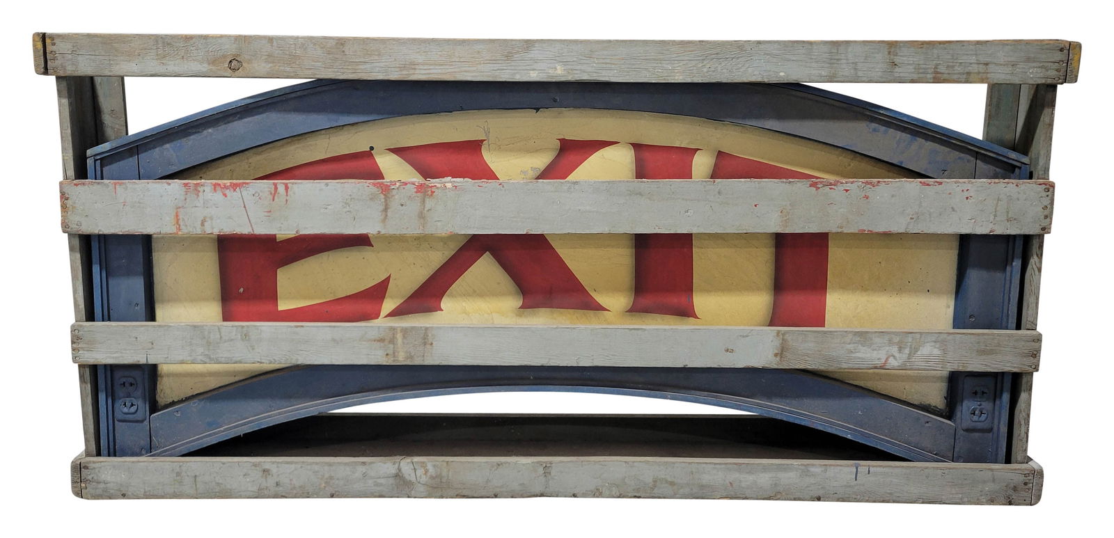 NOS Chair Plane & Exit DST Carnival Signs w/ Factory Crate: 32" x 66" x 3.5", two NOS double sided tin signs with wooden frames and the factory wooden crate have very good color and shine. The signs features a non-lighted side and the reverse sides have perime