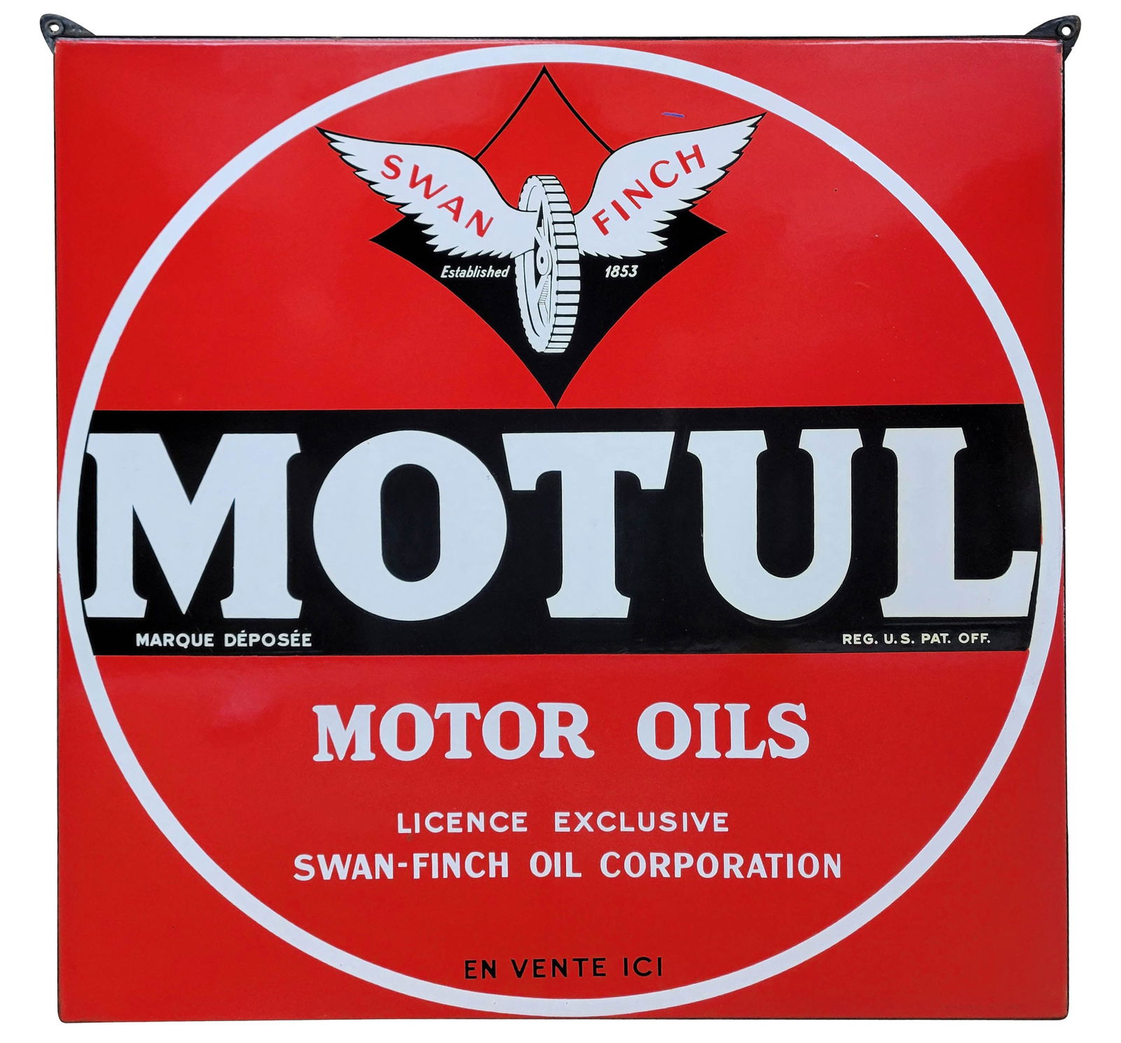 Swan Finch Motul Motor Oils Single Sided Porcelain Sign: 26" x 26" SSP sign displays very well with bold colors and high gloss throughout. The field is very clean. The perimeter features a rolled edge and mounting tabs at each corner. The 2 bottom tabs are