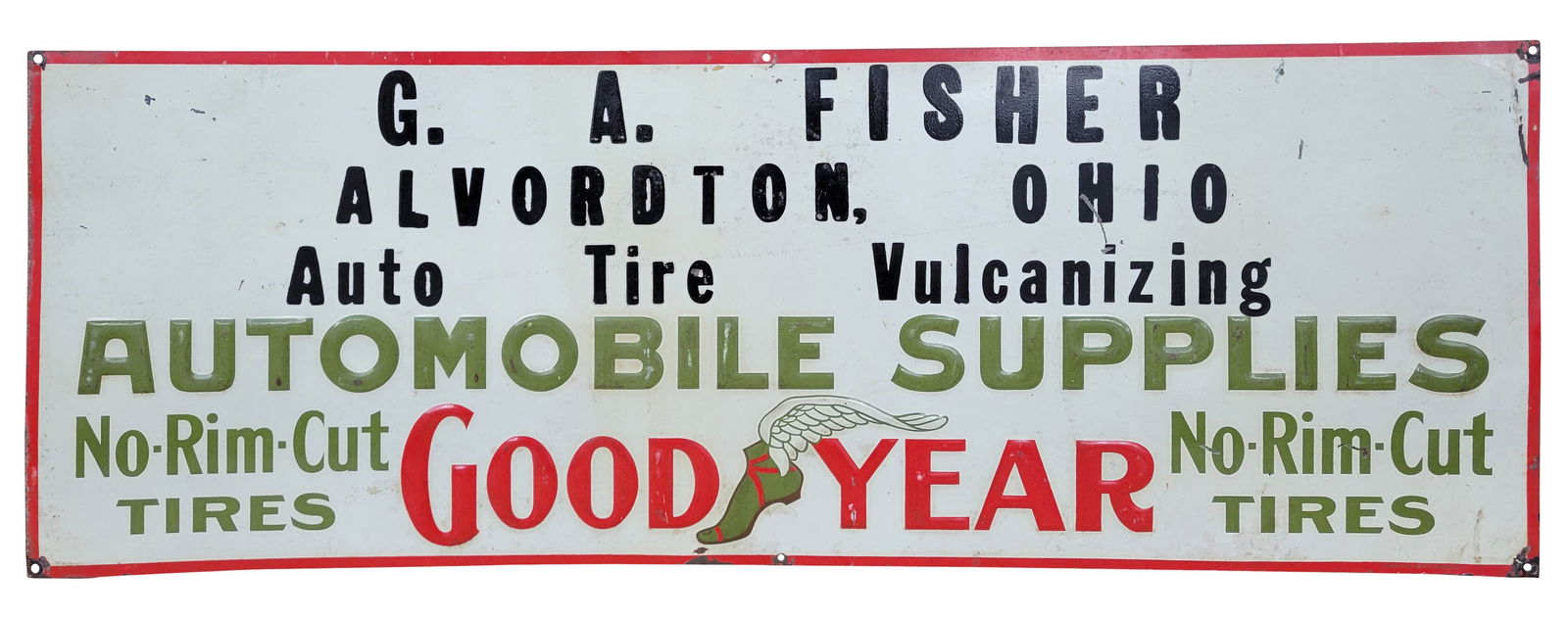 Goodyear Automobile Supplies G.A. Fisher Embossed Single Sided Tin Sign: 27.5" x 9.75" embossed SST sign exhibits light wear thought the field with small scratches, marks, and light stains. The perimeter shows wear with small bends and flaked paint. G.A. Fisher, Alvordton,