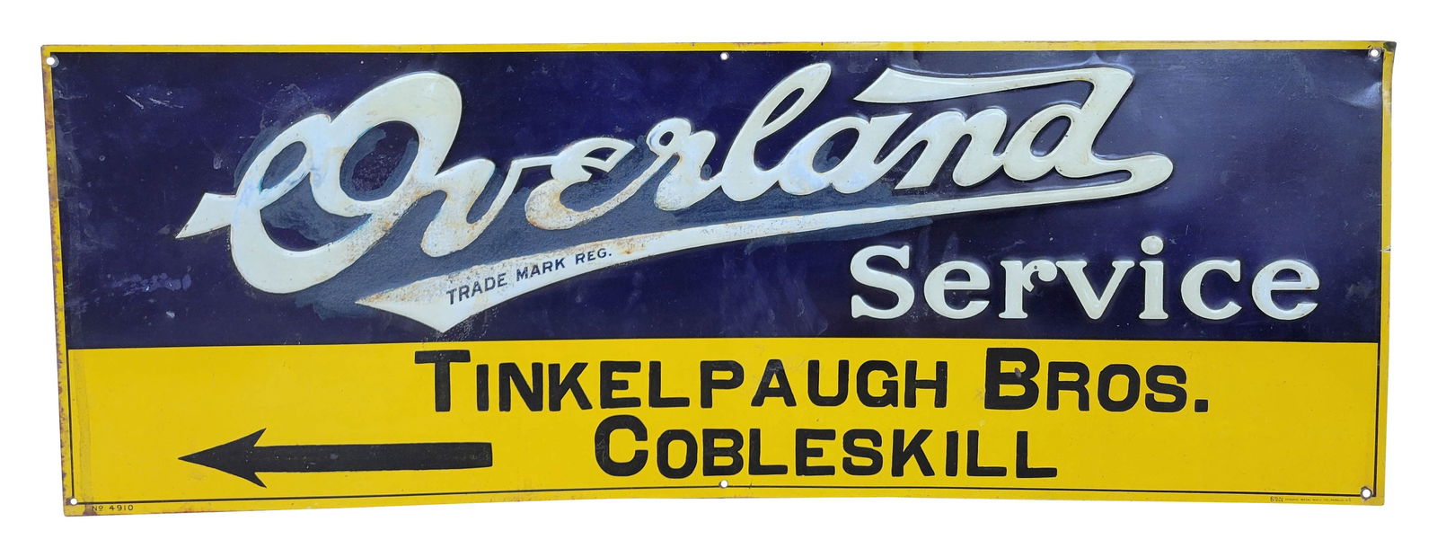 Overland Service Tinkelpaugh Bros. Embossed Single Sided Tin Sign: 27.75" x 10" SST features an embossed lettering that has been repainted?with blue paint in large areas around the raised letters reading "Overland." This paint has a non-glossy finish. The raised lett