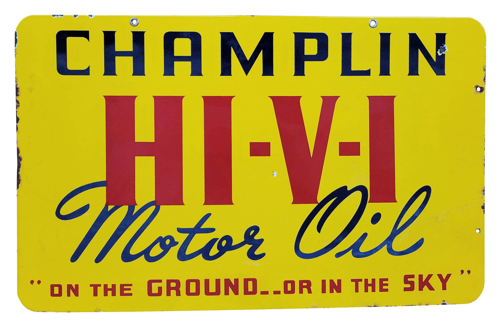 Champlin Motor Oil Double Sided Porcelain Sign: 32" x 20" DSP sign showcases vibrant colors and glossy lettering on both sides, although there are some cloudy areas on the surface. Minor scuffs and scratches are present, along with several small ch