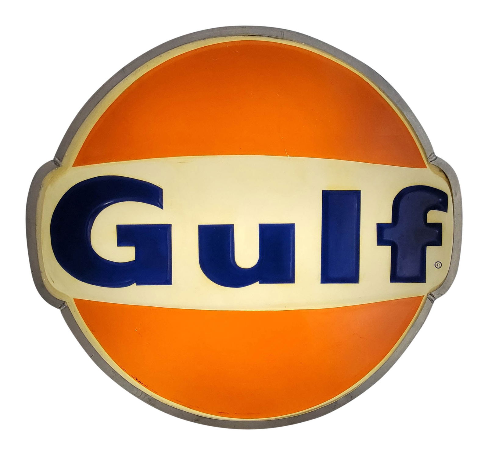 Gulf Embossed Single Sided Plastic Light Up Sign: 35" embossed SS light up sign exhibits typical wear throughout with scratches and discoloration in the field and on the metal housing. The sign is dimly lit when plugged in.