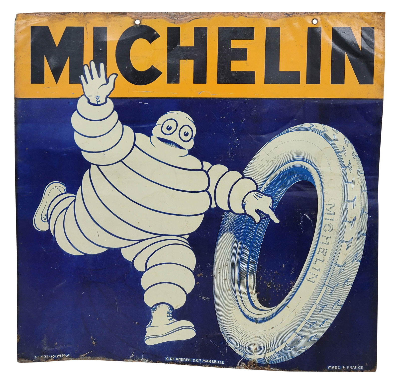 Michelin Bibendum Double Sided Tin Sign: 29.25" x 29.25" DST sign features the iconic Michelin logo. There is wear throughout the field on each side with scratches, dings, bends, surface rust. The perimeter has wear with bends and light rust